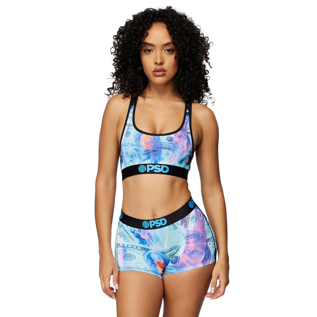 PSD Women's Money Print Sports Bra - Breathable Racerback Workout Top with Moisture-Wicking Microfiber Fabric for Yoga, Running & Gym