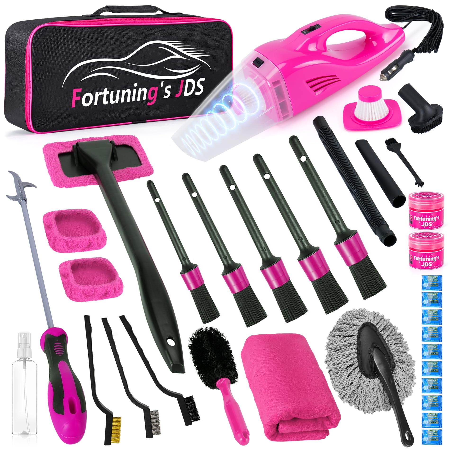35PCS Premium Car Detailing Kit with High Power Handheld Vacuum - Interior Cleaner, Detailing Brushes & Car Wash Accessories - Perfect for Cars, Motorcycles & Gifts for Women (Pink) - Ideal for Deep Cleaning, Auto Detailing & Car Maintenance