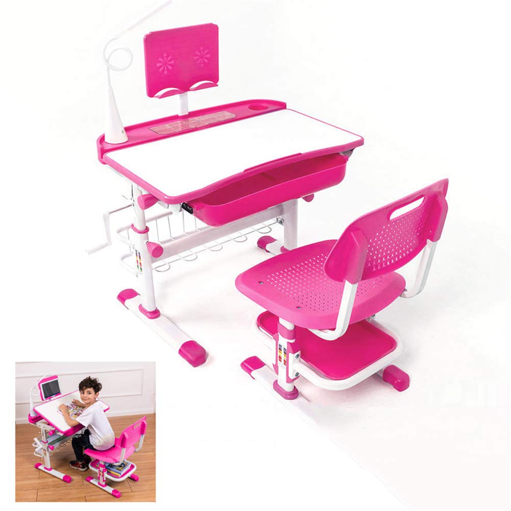 Adjustable Kids Desk and Chair Set with 40° Tilt Desktop, Bookstand, LED Light & Storage Drawer - Ergonomic Study Furniture for Boys & Girls (Pink) - Perfect for Homework, Reading & Online Learning at Home