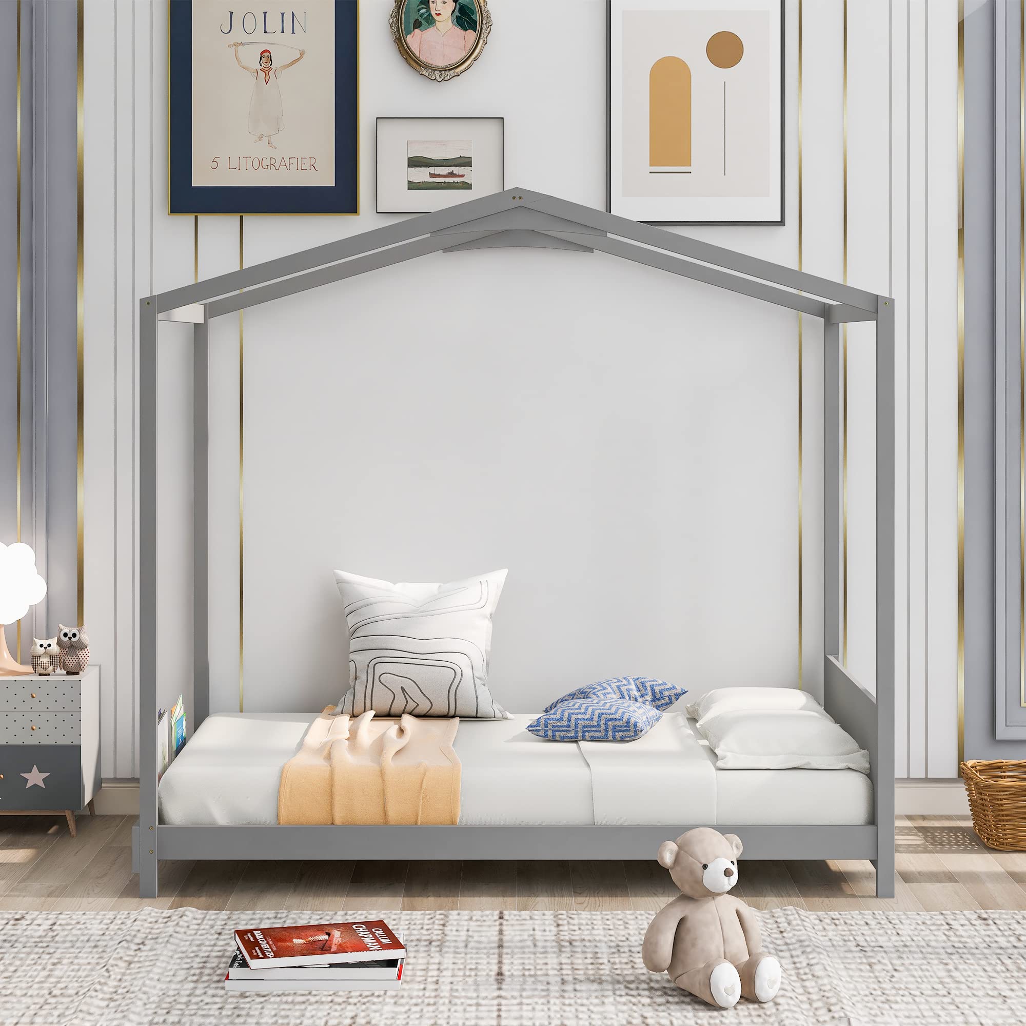 SOFTSEA Twin House Bed Frame - Low Profile Platform Bed with Headboard & Book Rack, Toddler Floor Bed, No Box Spring Needed - Perfect for Kids' Bedroom, Montessori Room & Small Spaces