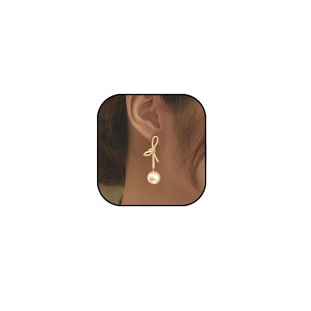 Elegant Bow Pearl Earrings for Women - 14K Gold Plated Crystal Bowknot Dangle Drop Earrings, Dainty Statement Jewelry Gift for Her - Perfect for Weddings, Parties & Special Occasions