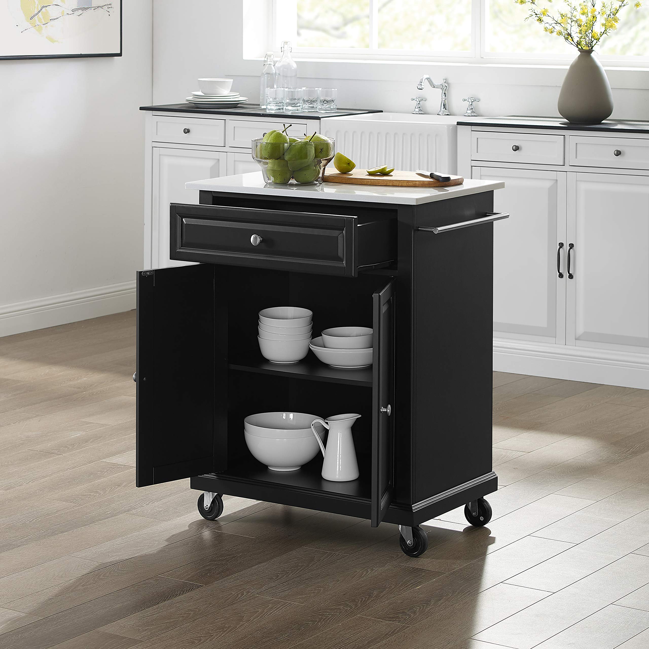 Crosley Black Compact Rolling Cart with Stone Top & Shelves - Microwave Stand, Towel Rack for Kitchen, Bathroom, or Office Storage