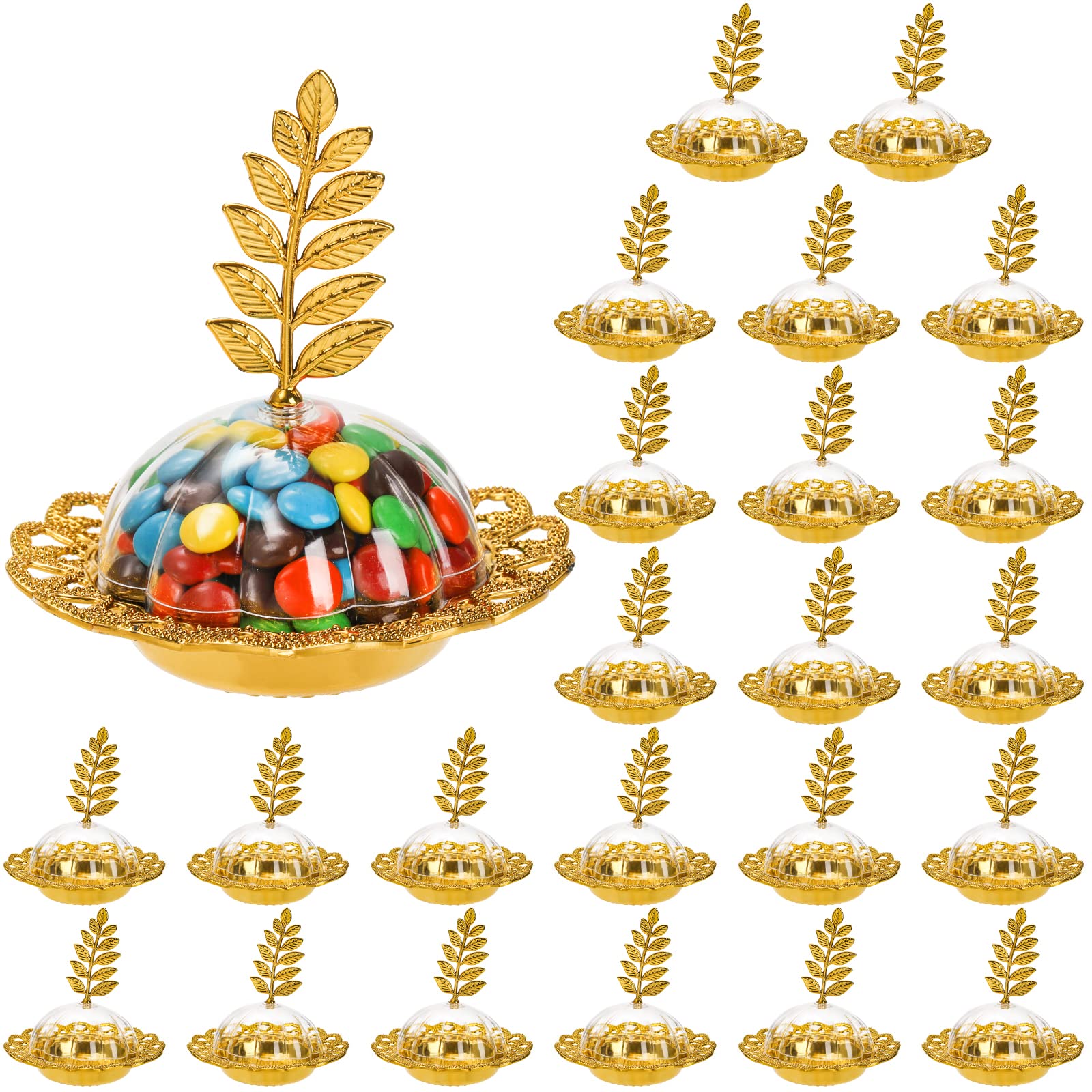 24 Pack Gold Decorative Plastic Candy Storage Containers with Leaf Dome - Fillable Party Favor Candy Boxes for Chocolates, Cake Desserts, Baby Showers & Birthday Parties - Perfect for Wedding Favors, Holiday Treats & Classroom Rewards
