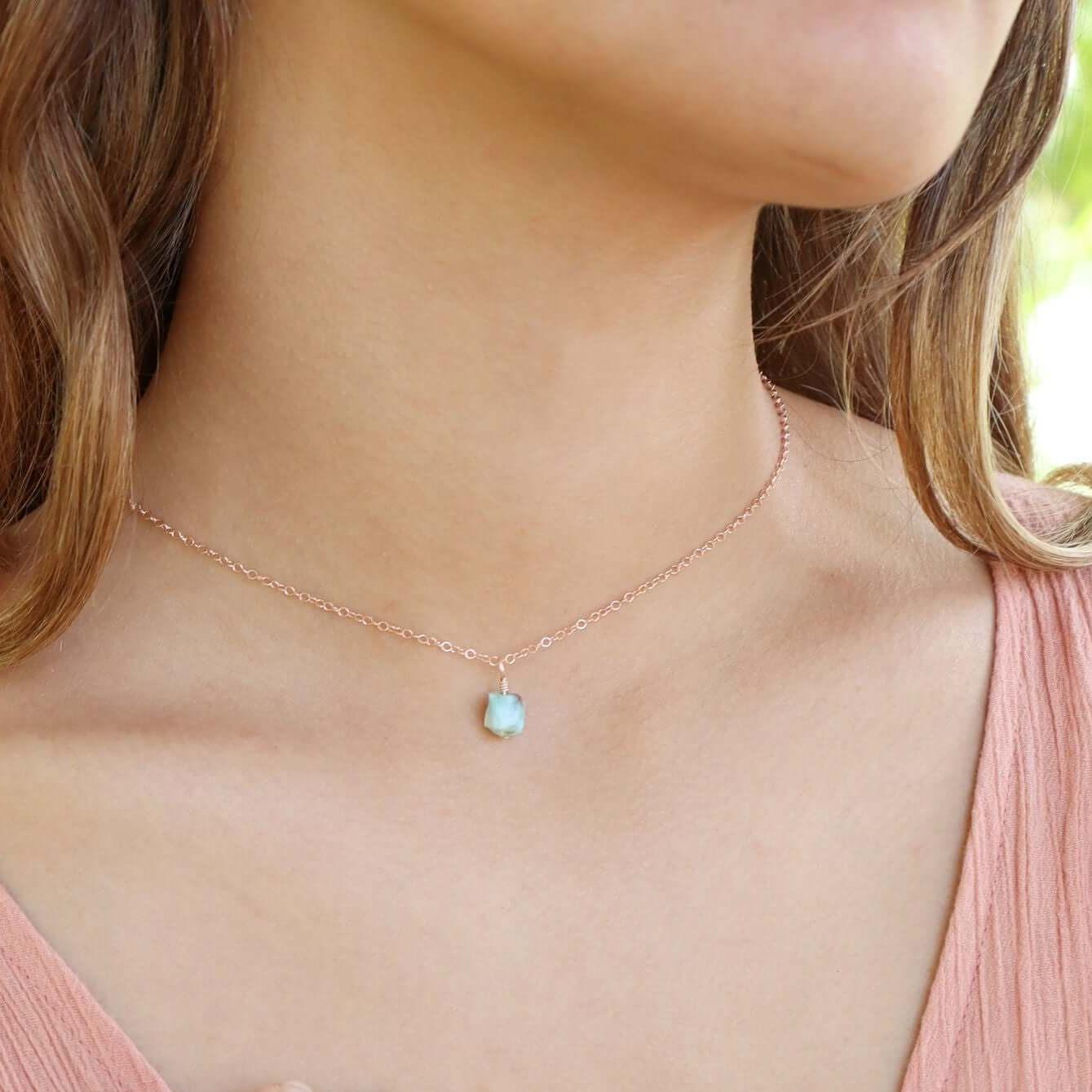 Natural Tiny Rough Larimar Gemstone Pendant Choker Necklace - Handmade Blue Stone Jewelry for Women, Boho Beach Style, Perfect for Casual Wear & Gift Giving