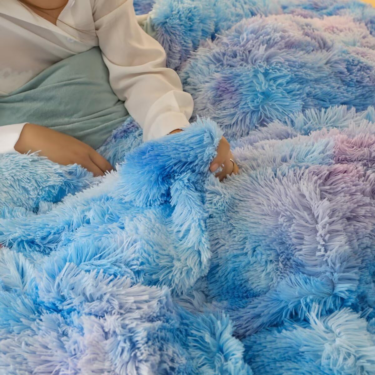Soft Shaggy Faux Fur Duvet Cover Set - King Size Starry Sky Blue with Zipper Closure (1 Duvet Cover + 2 Pillow Shams) for Girls, Women & Kids - Cozy Crystal Velvet Bedding for Winter Nights & Luxury Bedroom Decor