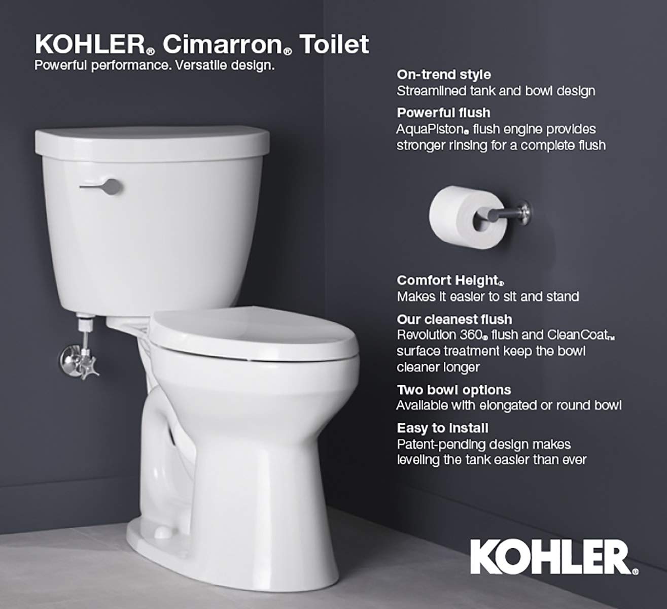 KOHLER Cimarron Comfort Height Elongated Toilet Bowl - ADA Compliant Chair Height Bathroom Toilet for Seniors & Accessibility - Perfect for Modern Homes & Commercial Spaces