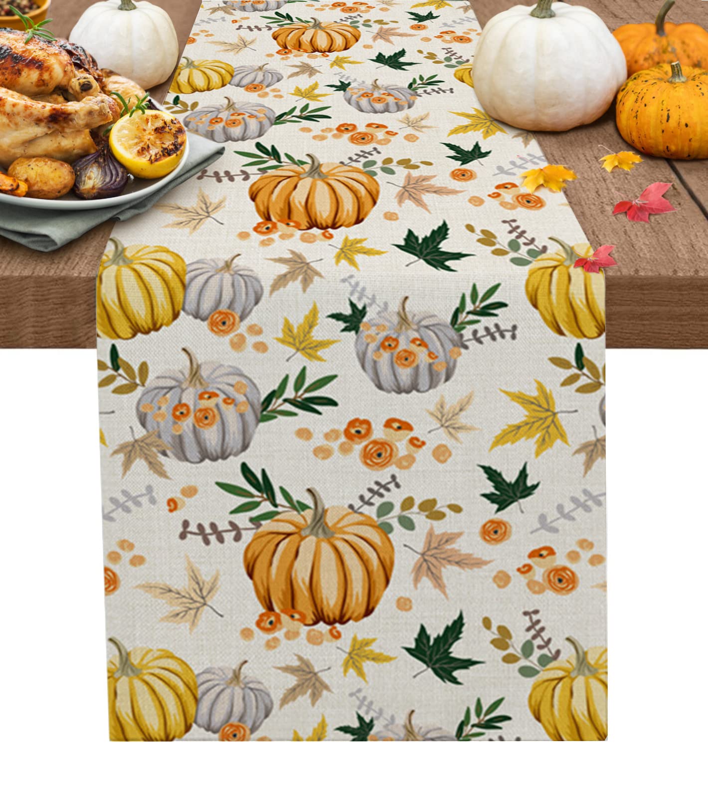 72 Inch Cotton Linen Table Runner - Thanksgiving & Fall Farmhouse Decor for Dining Table, Coffee Table, Dresser | Rustic Burlap with Pumpkin & Maple Leaf Design | Perfect for Wedding, Party & Home Decoration