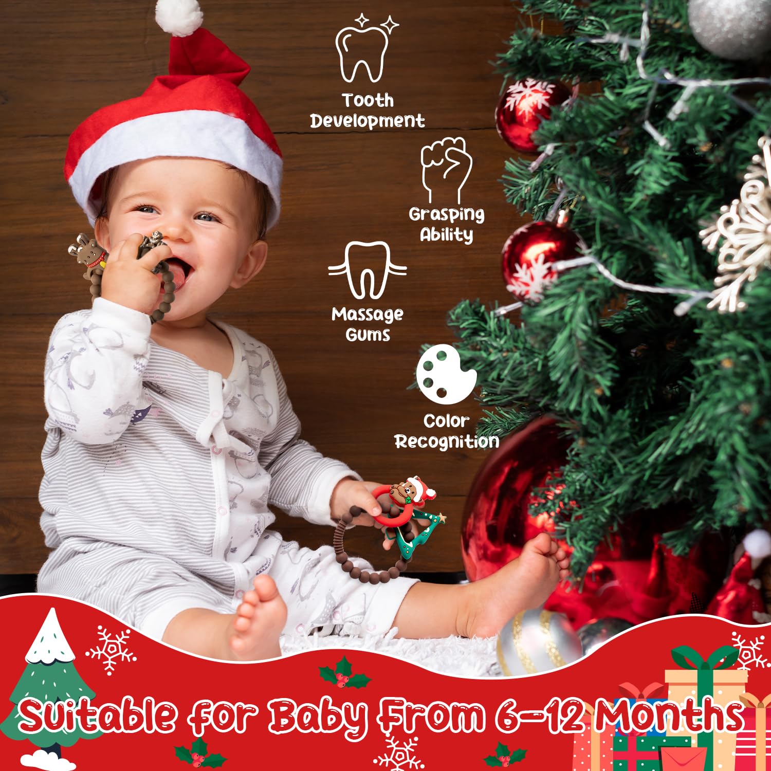 2Pcs Christmas Baby Silicone Teething Toys - Christmas Tree & Bear Teething Rings for Infants, Soft Chew Toys for Toddlers, Holiday Teethers for Boys & Girls | Perfect for Holiday Gifts, Baby Showers & First Christmas Celebrations