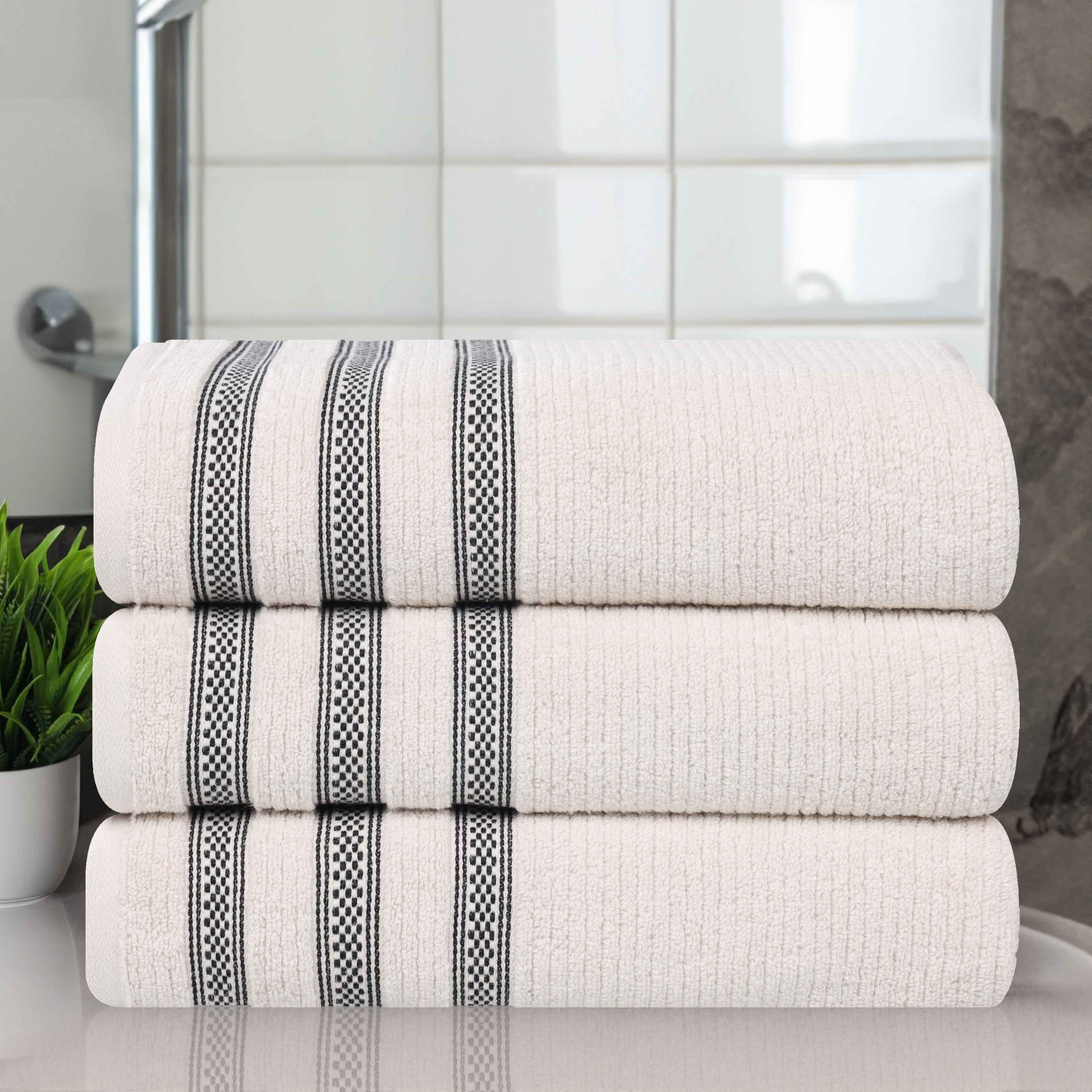 Soft Zero Twist Cotton Ribbed Geometric Border Plush Bath Towel Set of 3 - Ultra Absorbent & Quick Dry for Spa, Beach, and Luxury Bathroom Use