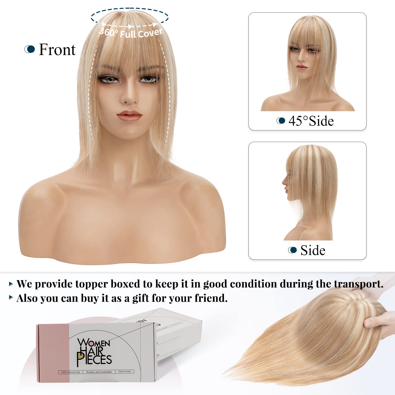 Benehair Human Hair Topper for Women - Handmade Silk Base Clip-In Hair Extension with Thin Bangs, Soft & Straight, 18 Inch 53g, #12P613 Golden Brown & Bleach Blonde - Perfect for Hair Loss, Thinning Hair, and Everyday Styling