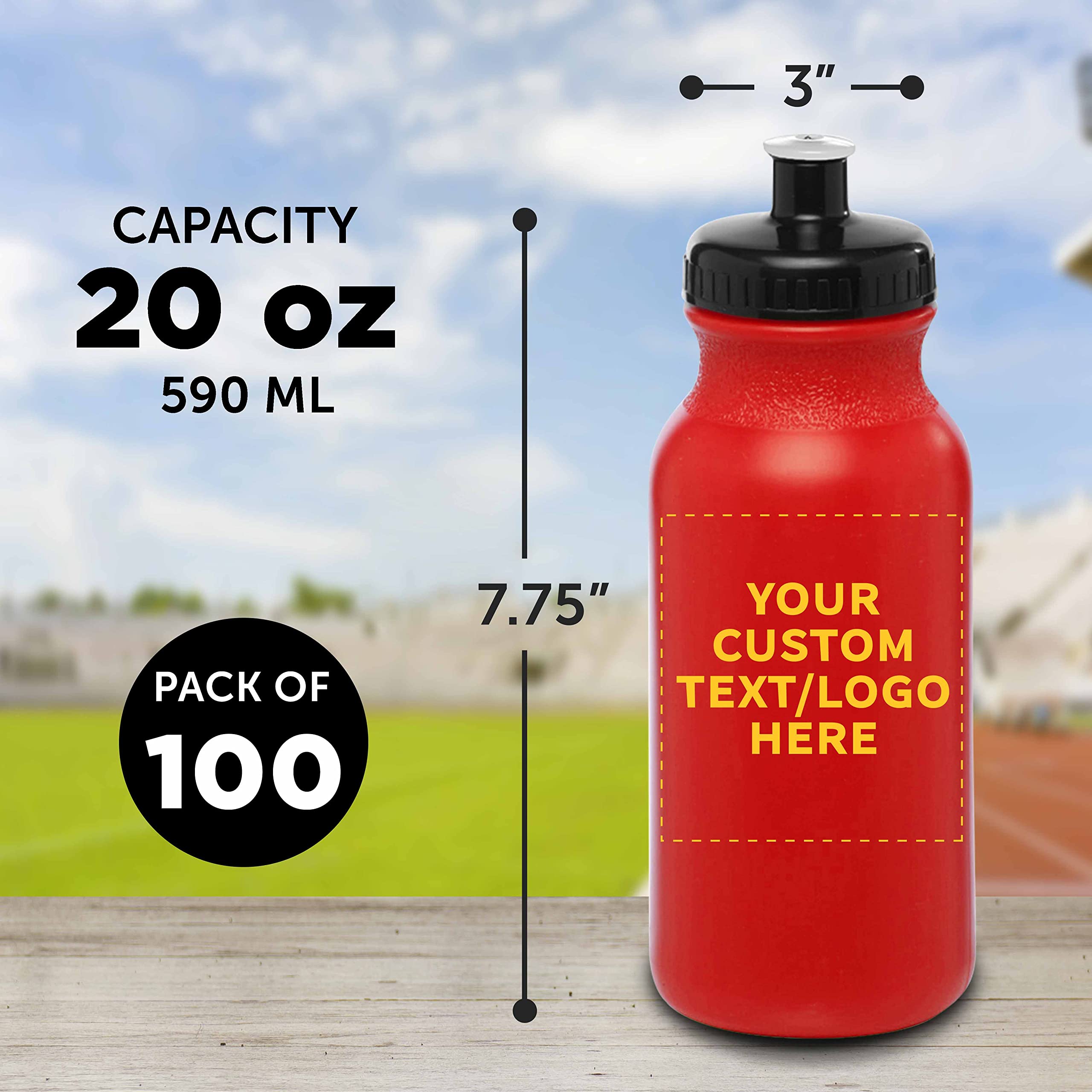 Custom 20 oz. Water Bottles with Push Cap - Bulk Pack of 100 Personalized Sport Bottles - Ideal for Gym, Hiking, Camping & Outdoor Activities - Red - Great for Team Events, Corporate Gifts & Promotional Giveaways