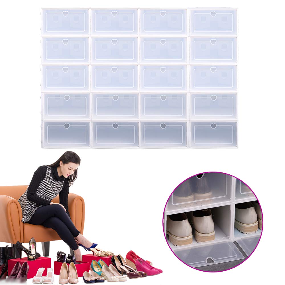 WOQLIBE 20 Pack Clear Plastic Shoe Storage Boxes with Lids - Stackable Shoe Organizer for Closet, Men & Women - Perfect for Sneaker Collection, Boot Storage, and Home Organization