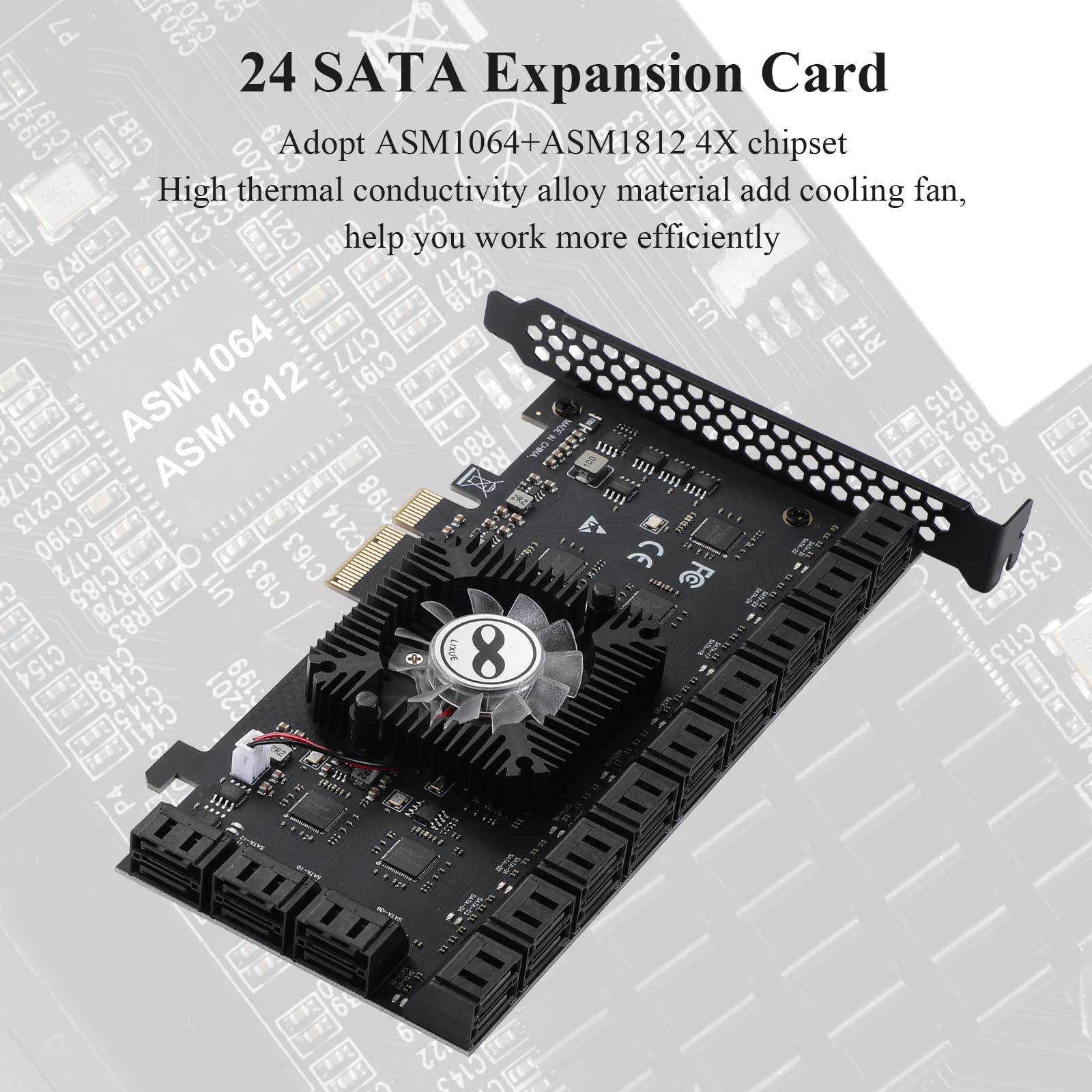 24-Port PCIe SATA 3.0 Expansion Card - 6Gbps SATA Controller with 4X/8X/16X Slots | Includes SATA Cables & Power Splitter (1064+1812 Chip) | Perfect for Data Servers, RAID Arrays & PC Storage Upgrades