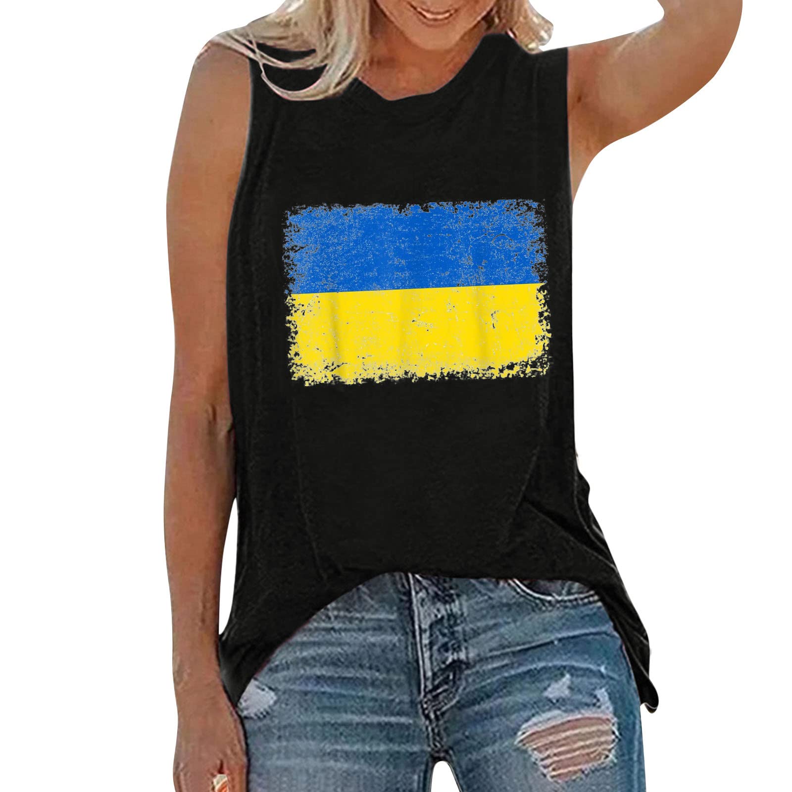 Women's Ukrainian Flag Print Sleeveless Round Neck T-Shirt - Casual Tank Top Blouse for Summer, Parties & Patriotic Events - Black, Size Large