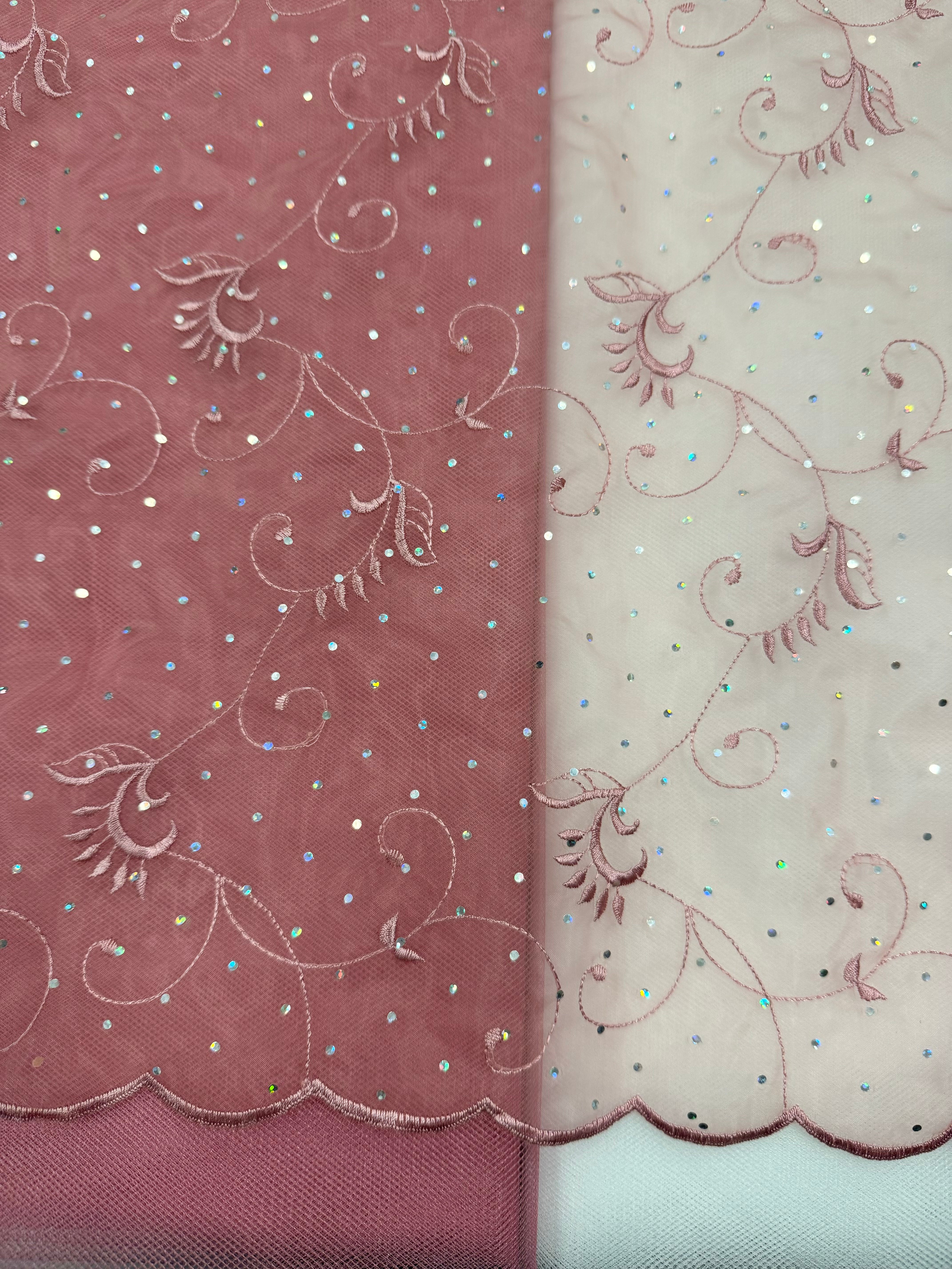 Elegant 53-inch Wide Dusty Rose Organza Fabric with Embroidery & Iridescent Sparkles - Perfect for Wedding Decor, Bridal Gowns, and DIY Craft Projects