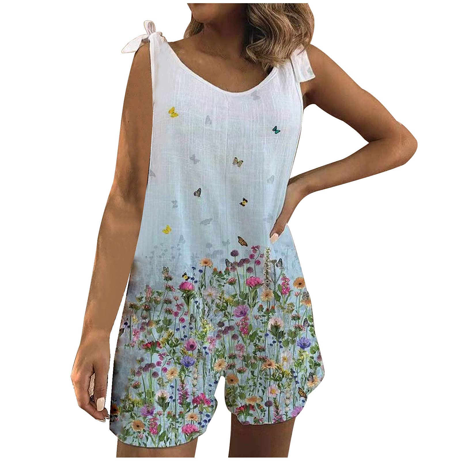 Women's Linen Off-Shoulder Jumpsuit Romper - Printed Beachwear Shorts with Wide Leg & Tank Top - Summer Casual Outfit for Vacations, Pool Parties & Beach Getaways