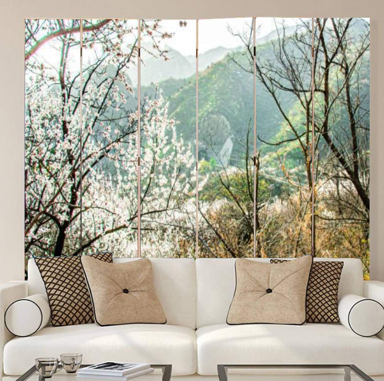 6-Panel Wooden Room Divider Folding Privacy Screen - Early Spring Beijing Suburbs Canvas Wall Partition for Home & Office - Indoor Display Shelves & Dual-Sided Room Separator | Perfect for Living Rooms, Bedrooms, and Studio Spaces