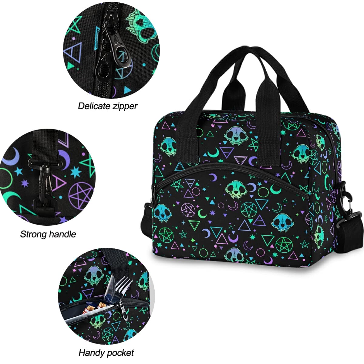 Insulated Lunch Bag with Magic Skulls Design - Reusable Leakproof Cooler Tote for Women & Men - Perfect for Work, School, Picnics & Outdoor Activities