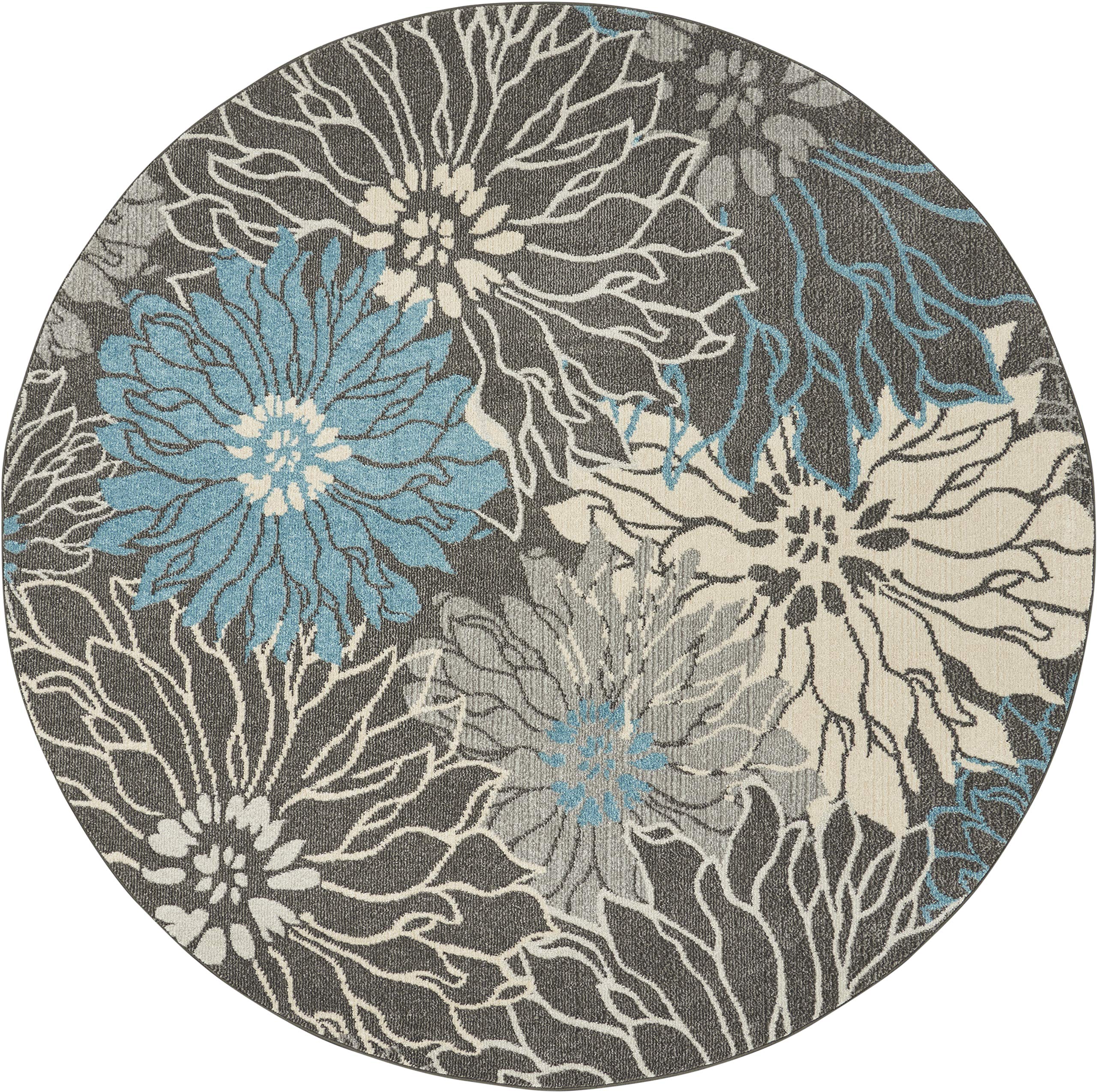 Nourison Passion Charcoal/Blue 8' Round Floral Farmhouse Area Rug - Non-Shedding & Easy to Clean - Perfect for Bedroom, Living Room, Dining Room & Kitchen Decor