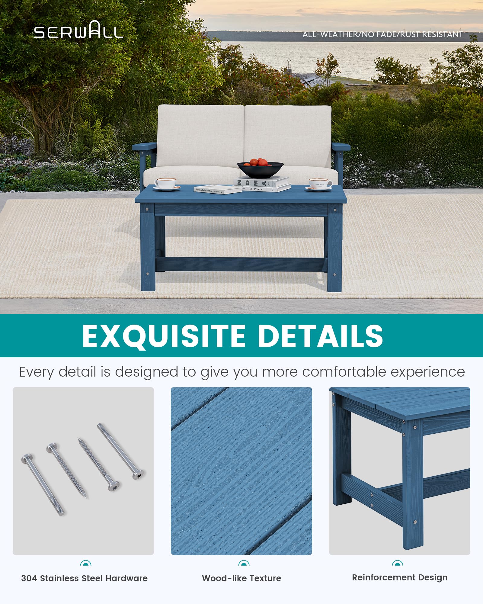 SERWALL HDPE Outdoor Coffee Table - All-Weather Rectangle Patio Table for Deck, Porch, Lawn - 37.8