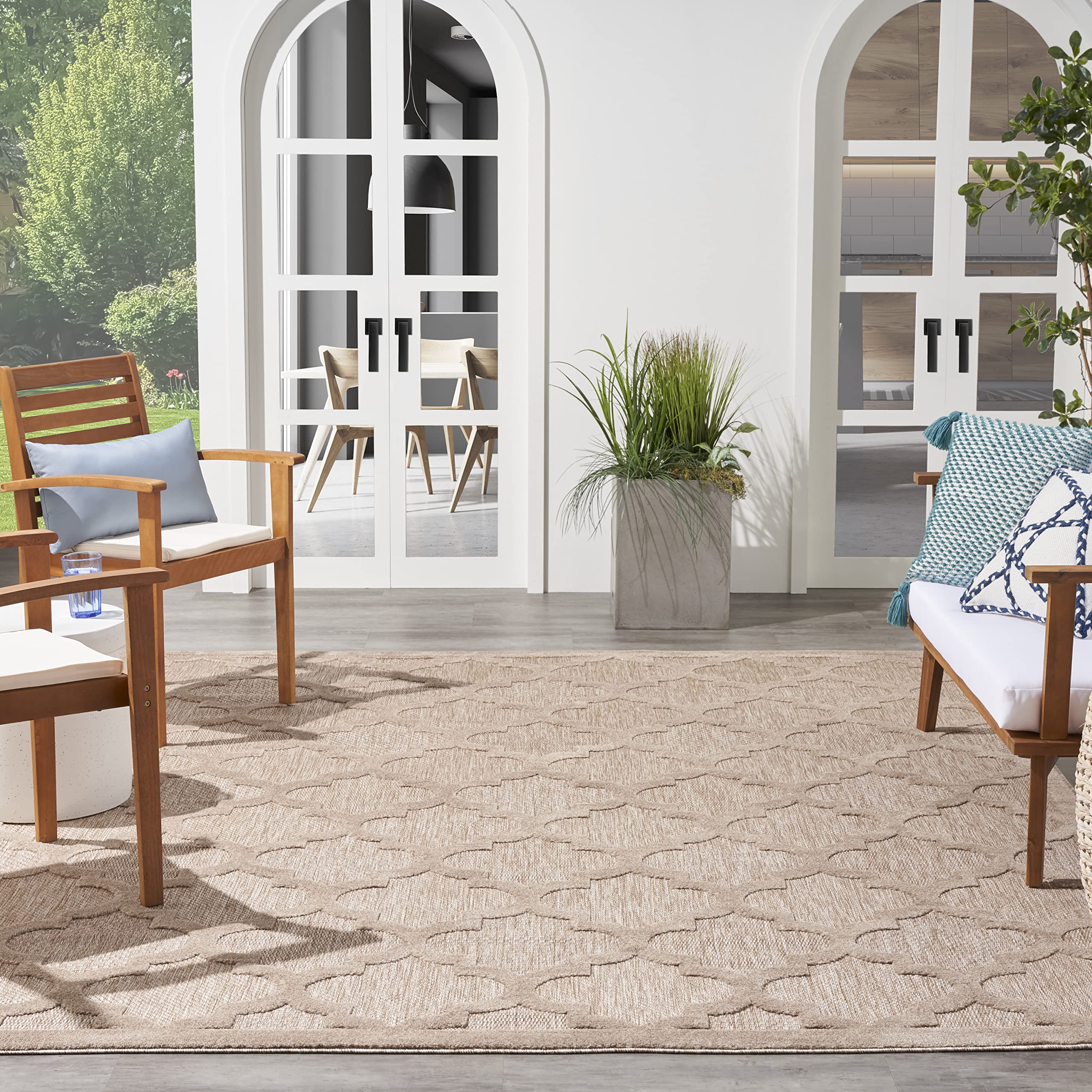 Nourison Easy Care Moroccan Trellis 7' x 10' Area Rug - Natural Beige, Non-Shedding & Easy Cleaning | Perfect for Bedroom, Living Room, Dining Room, Outdoor Deck & Patio Decor