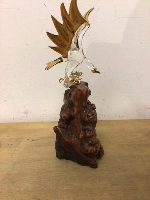 11.5 Inch Hand Blown Glass Eagle Sculpture with Gold Accents & Wooden Display Stand - Perfect for Home Decor, Office Desk, and Gift Giving
