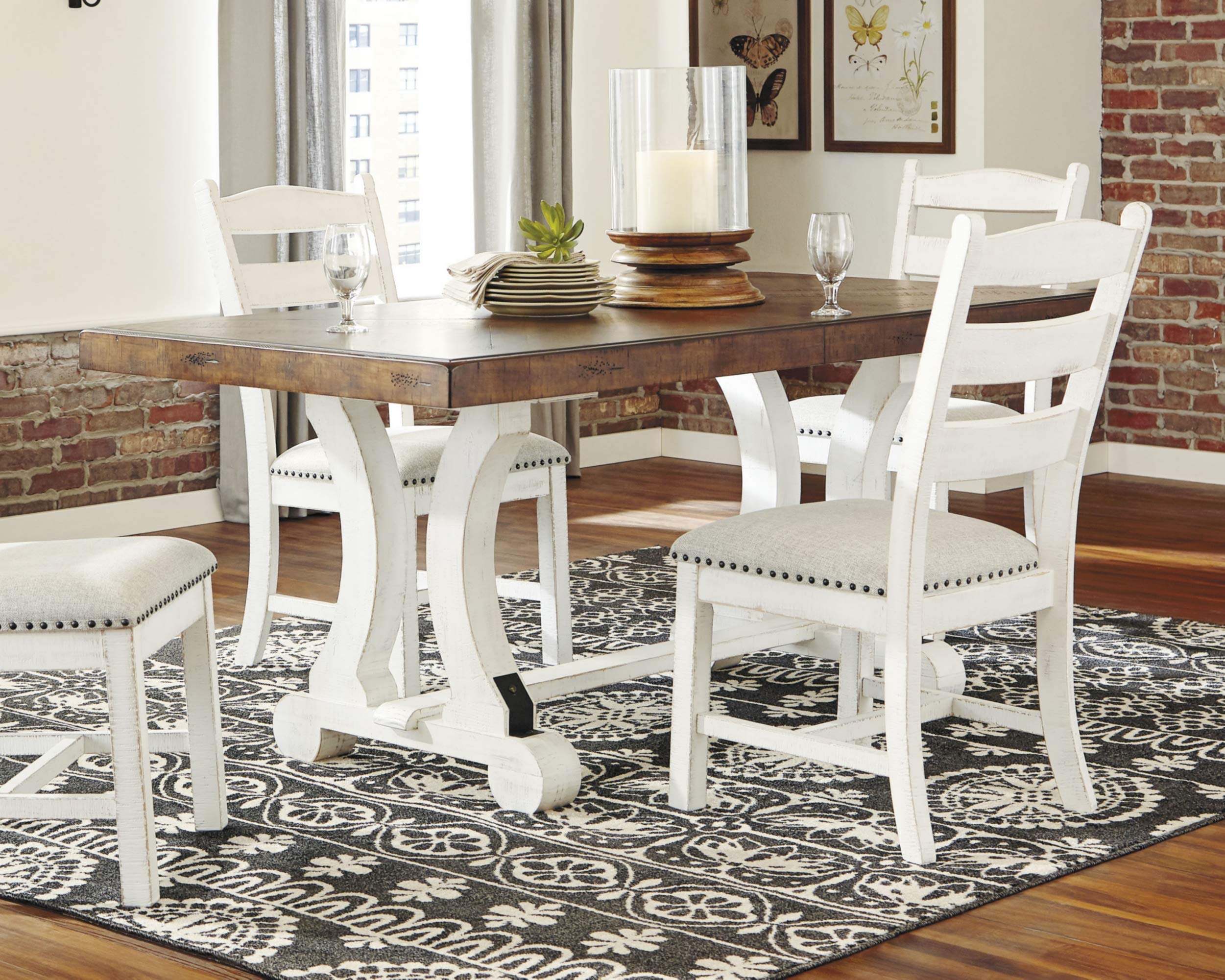 Ashley Valebeck Farmhouse Dining Room Buffet & Extension Dining Table Set - White & Brown Distressed Finish, Seats 8 - Rustic Farmhouse Style for Dining Room, Kitchen or Entertaining Space