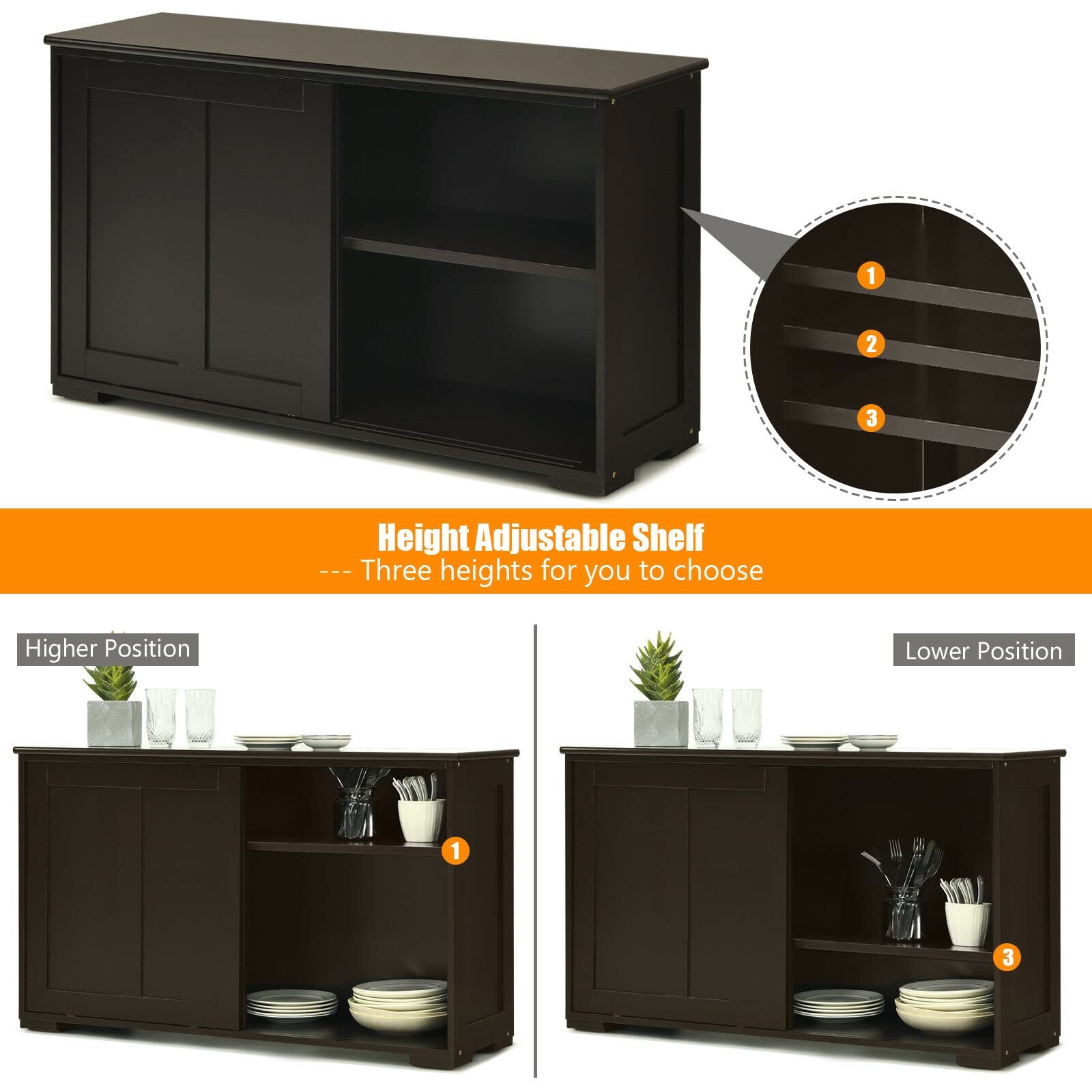 LHONE Stackable Wooden Storage Cabinet with Sliding Doors - Kitchen Sideboard Buffet Cupboard for Dining Room & Home Organization (Brown) - Perfect for Small Spaces & Modern Kitchens