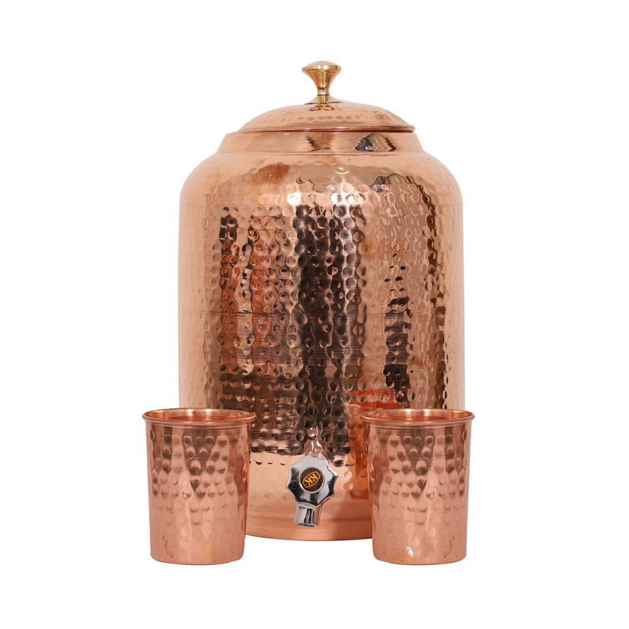 Handmade Pure Copper Water Dispenser Pot - 4L Ayurvedic Healing Water Storage with 2 Hammered Glasses | Indian Hand Hammered Copper Bottle, Pitcher & Mug for Detox & Wellness | Perfect for Home, Office & Yoga Practice