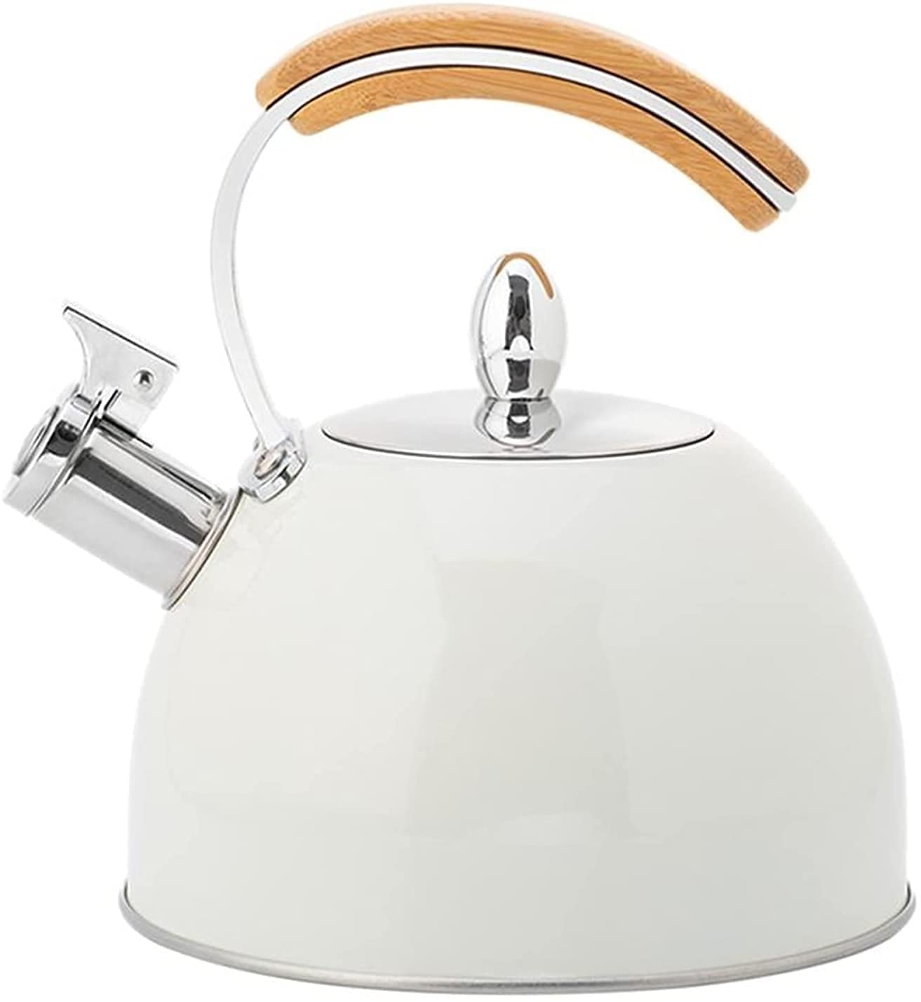 3L Stainless Steel Whistling Tea Kettle with Wood Handle - Induction Compatible Stovetop Kettle for Tea & Coffee Brewing - Perfect for Home, Office & Camping (White)
