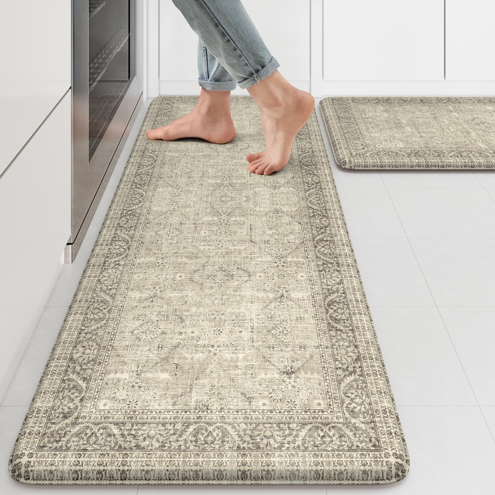 KIMODE Farmhouse Anti-Fatigue Kitchen Mat Set of 2 - Vintage Brown Non-Slip Waterproof Floor Mats with Ergonomic Cushioning - Comfort Standing Mats for Kitchen, Laundry Room, Office, Sink & Desk Areas