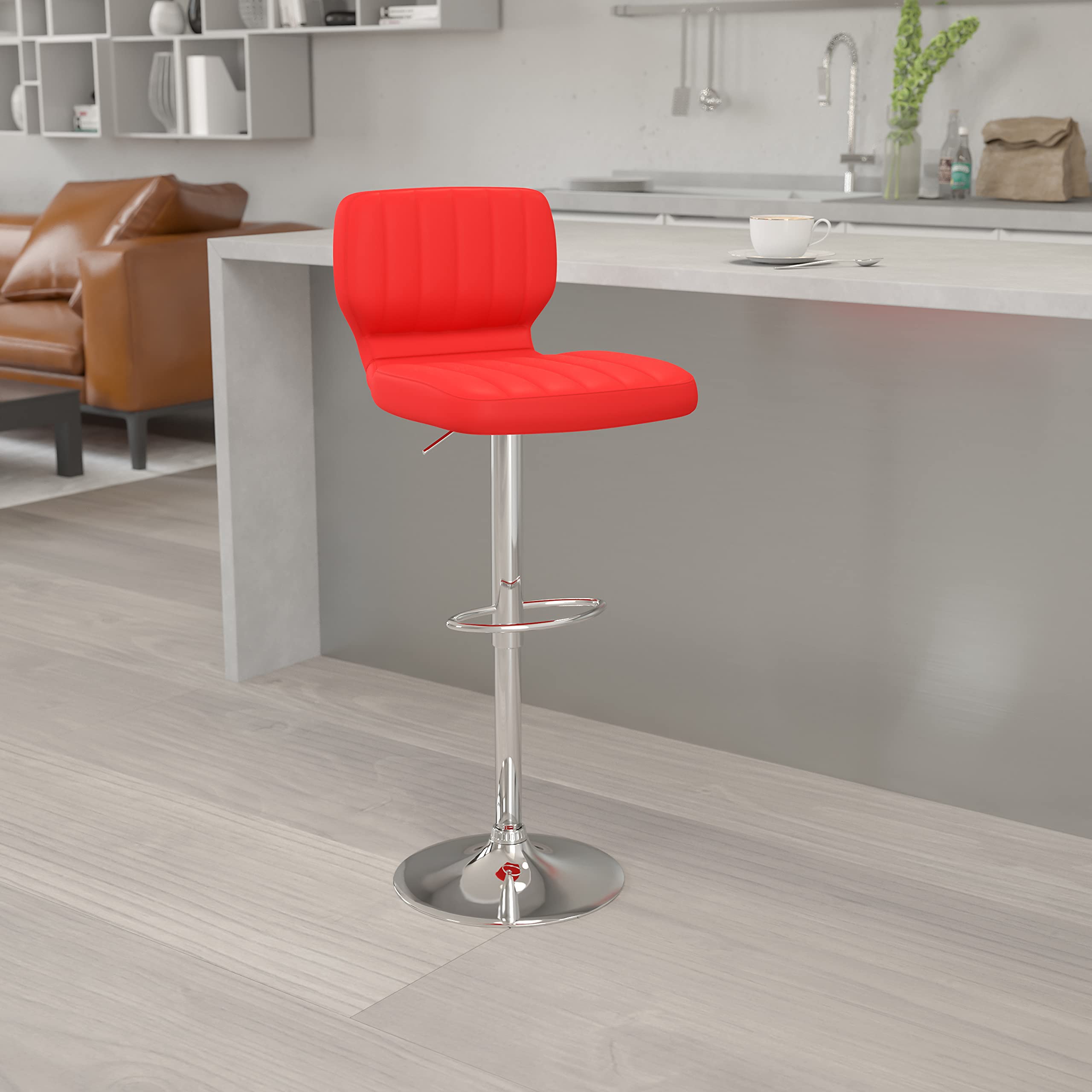 EMMA + OLIVER Red Vinyl Adjustable Height Bar Stool with Vertical Stitch Back - Modern Kitchen Counter Stool for Dining Room, Bar & Breakfast Nook