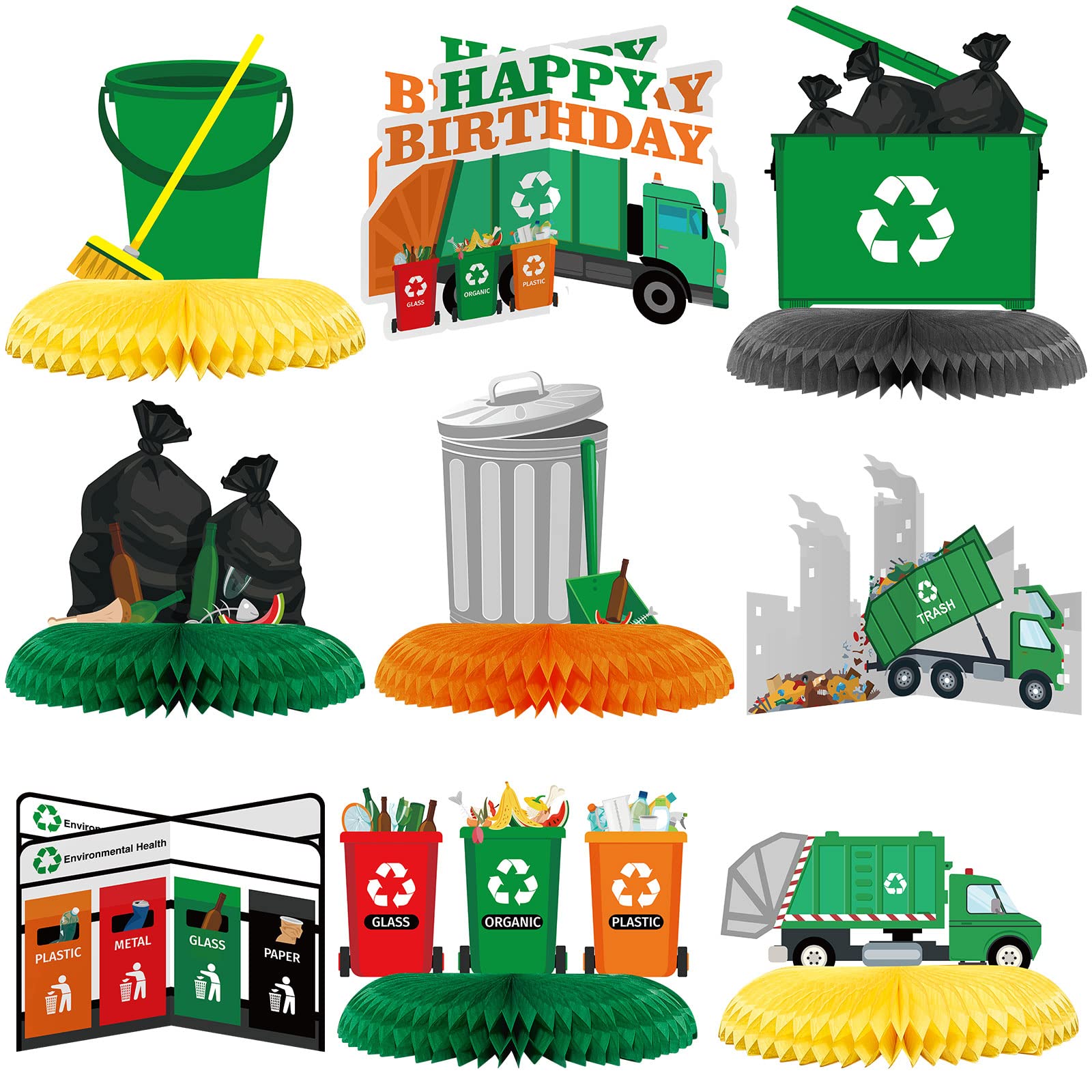 9-Piece Garbage Truck Birthday Party Supplies Set - Honeycomb Table Centerpieces, Trash Truck Table Toppers for Kids Birthday & Baby Shower Decorations - Perfect for Construction-Themed Parties, Toddler Celebrations, and Truck Lover Events