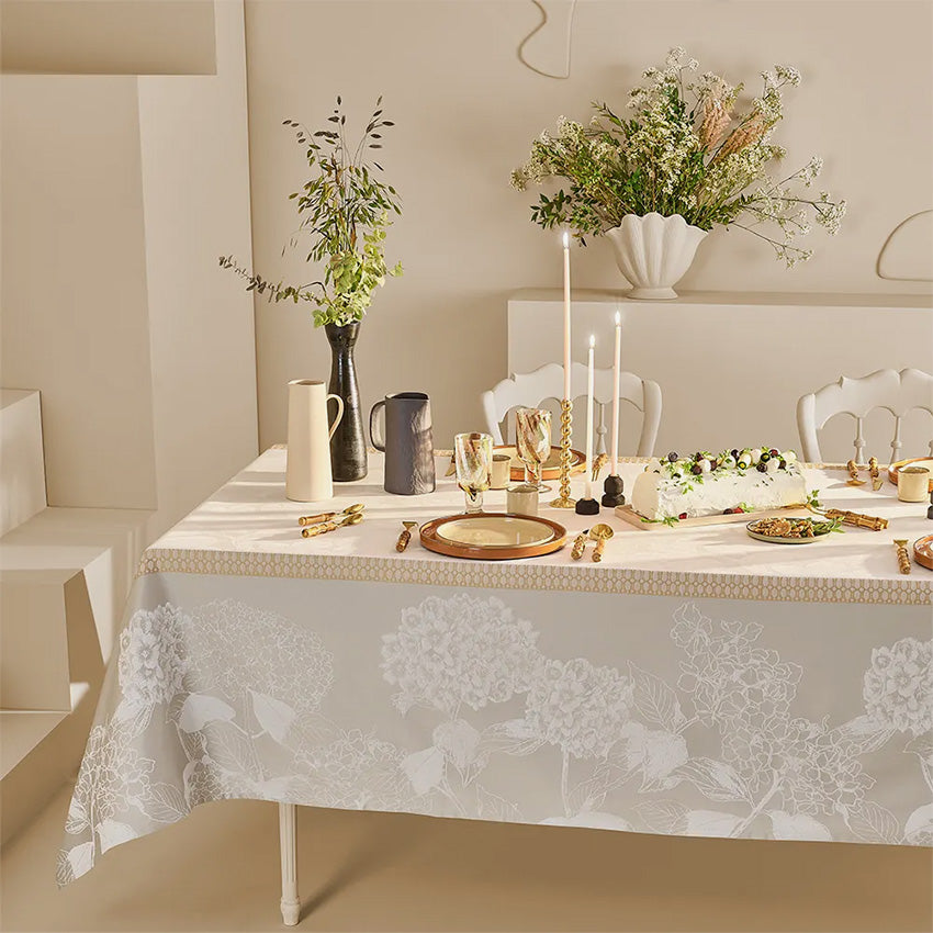Garnier Thiebaut Mille Hortensias Natural Tablecloth - Elegant Floral Design for Dining Room, Kitchen, and Outdoor Picnics