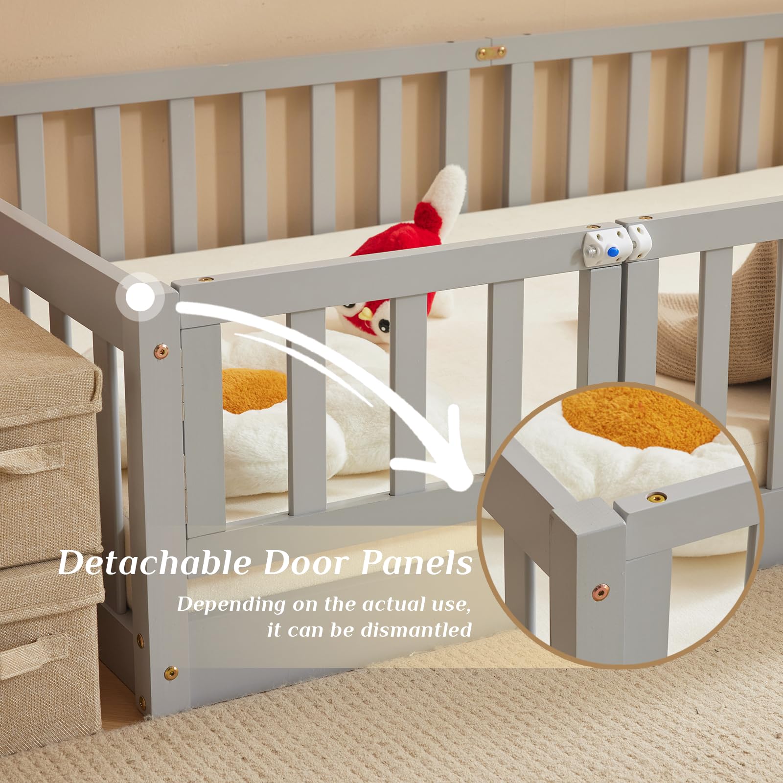 Montessori Toddler Floor Bed with Safety Guardrails & Door - Solid Wood Queen Bed Frame for Kids, Girls & Boys (Grey) | Safe Sleep Solution for Daycare, Nursery & Montessori Classroom