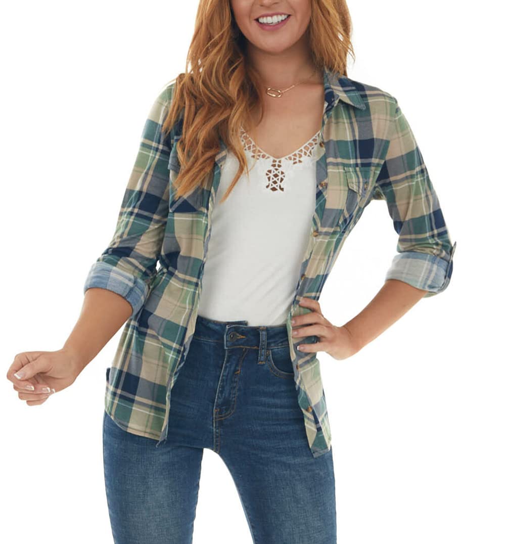 NUOREEL Women's Classic Plaid Button Down Shirt - Long Sleeve Roll-Up Cuff Casual Top for Office, Outdoors & Layering