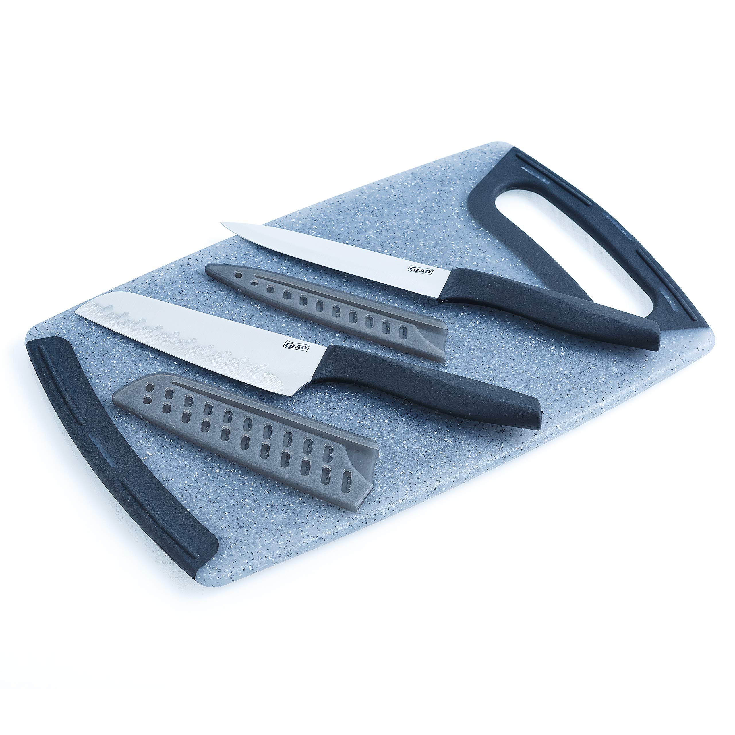 Premium 5-Piece Knife Set with Cutting Board - Includes Sharp Santoku & Utility Knives with Blade Covers & Durable Plastic Chopping Block - Perfect for Kitchen Cooking, Meal Prep & Food Chopping - Gray Color