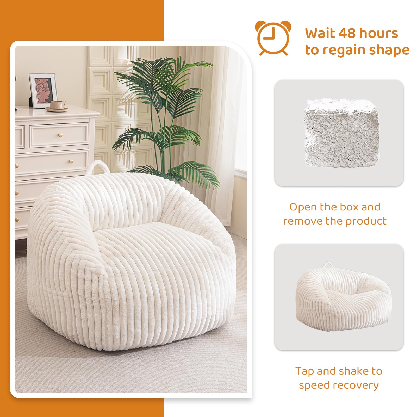 MAXYOYO Bean Bag Chair - Soft Floor Sofa with Handle & Storage Pocket for Living Room, Bedroom, or Dorm - Comfortable Beige Lounger for Relaxing, Reading & Gaming