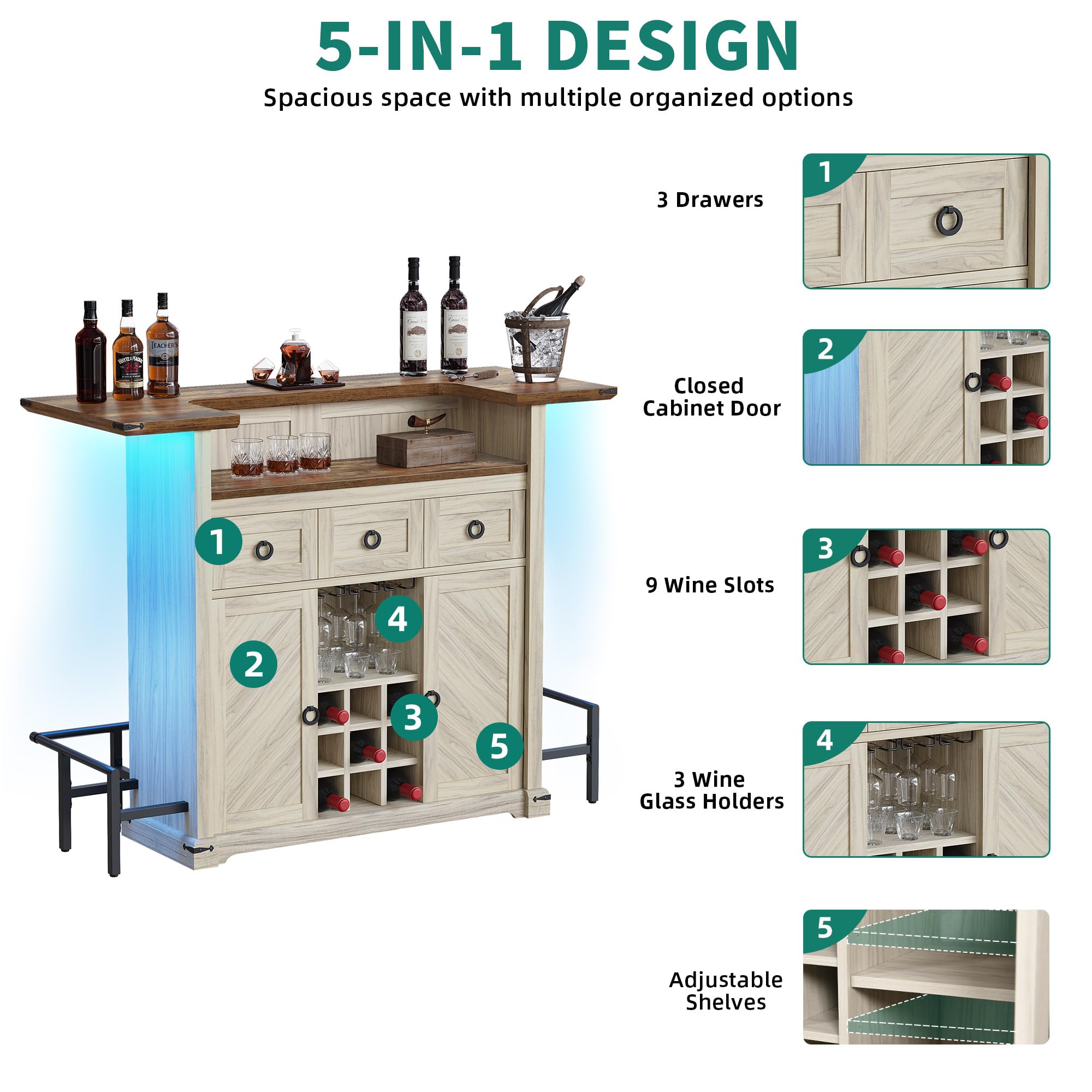 YITAHOME Farmhouse Bar Cabinet with LED Lights, Drawer & Wine Storage - Home Bar Unit with Glasses Holder & Footrest for Living Room, Kitchen, Dining Room - Off White & Walnut Grain Mini Bar Set