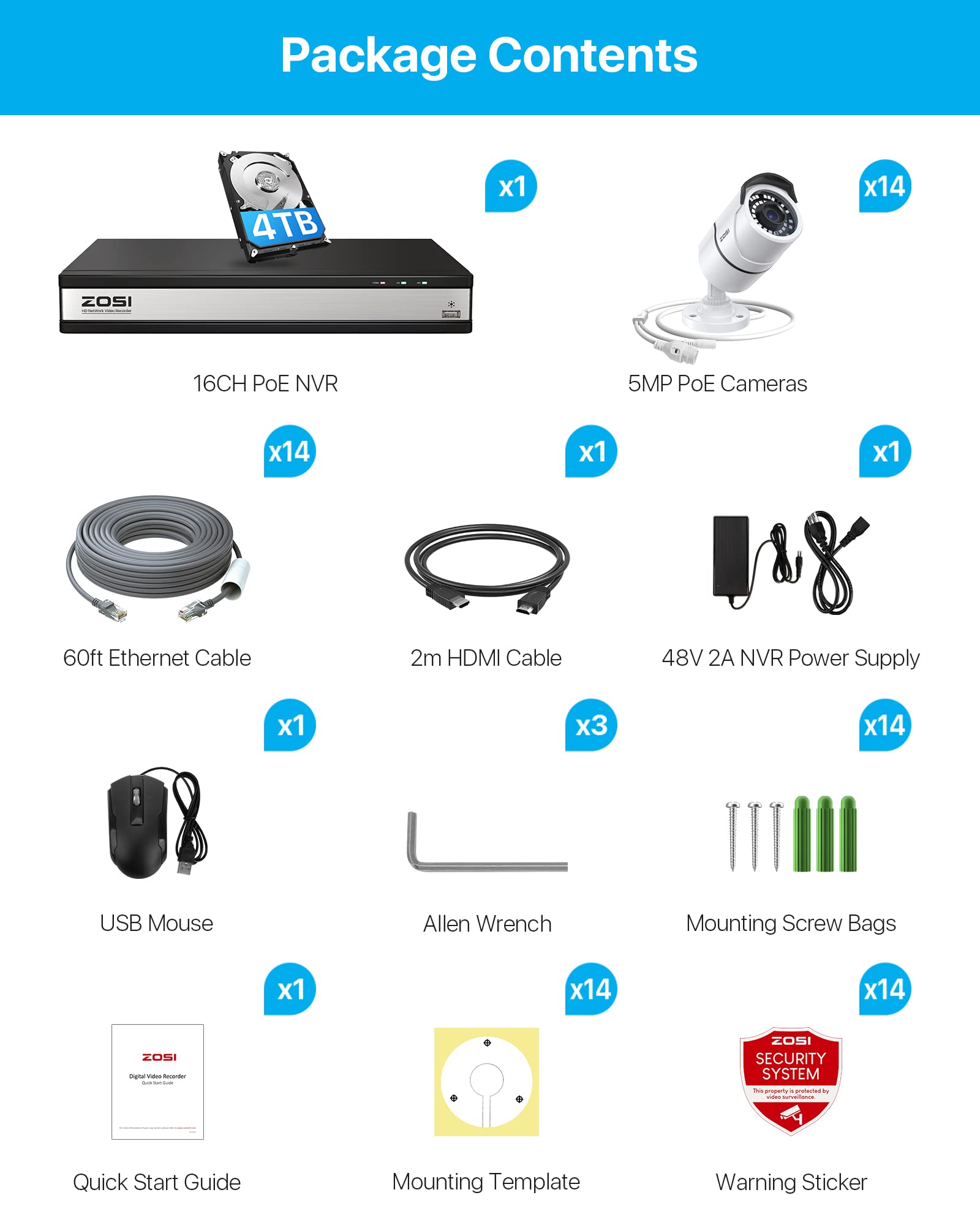ZOSI 16CH 4K PoE Security Camera System with 4TB HDD, H.265+ 8MP 16 Channel NVR Recorder, 14 x 5MP Indoor/Outdoor PoE IP Cameras, 120ft Night Vision, Remote Access - 24/7 Home & Business Surveillance for Property Protection & Security Monitoring
