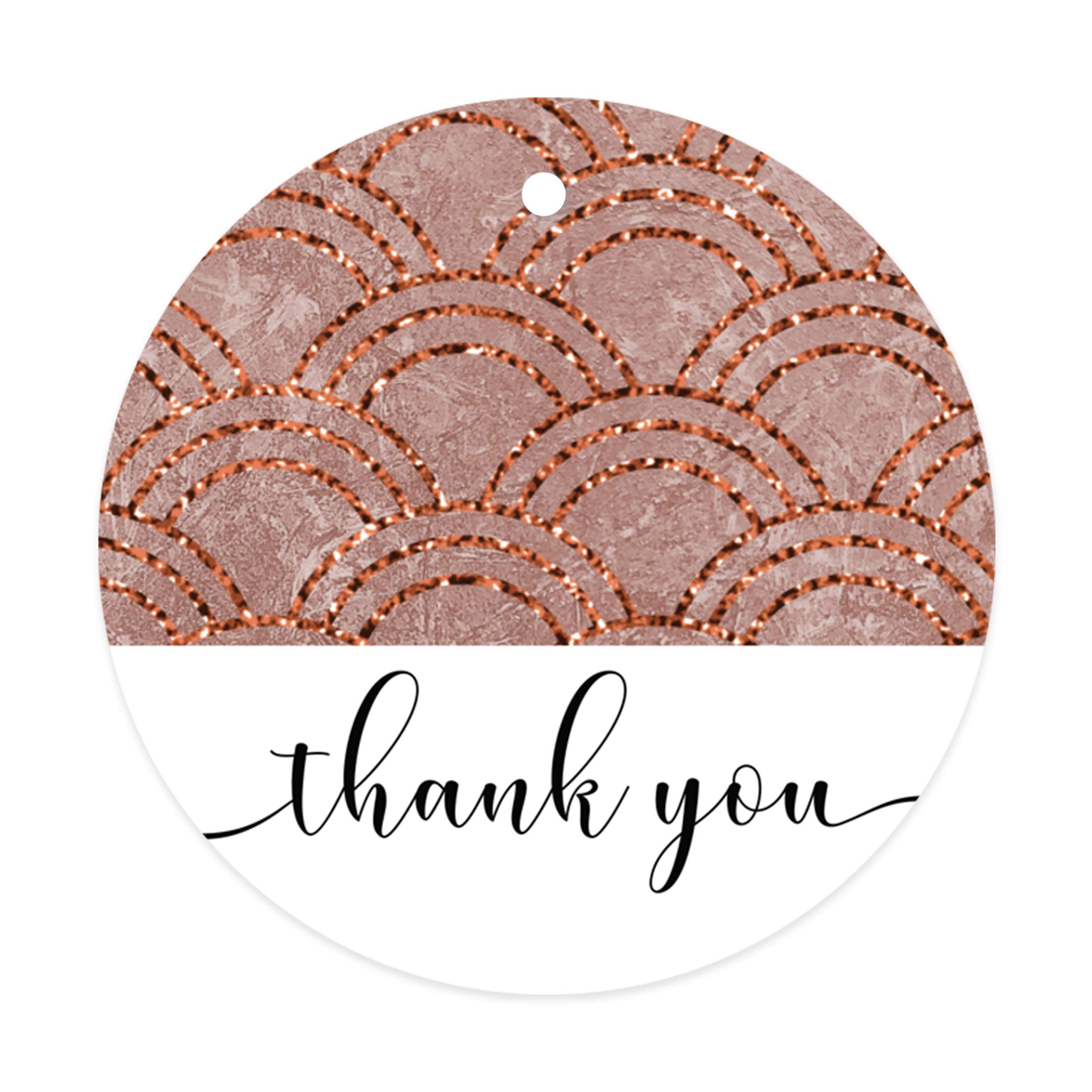 Andaz Press 48-Pack 2-inch Round Faux Rose Gold Foil Gift Tags with Glitter Curves - Elegant Thank You Tags for Wedding Favors, Party Decorations & Gift Wrapping