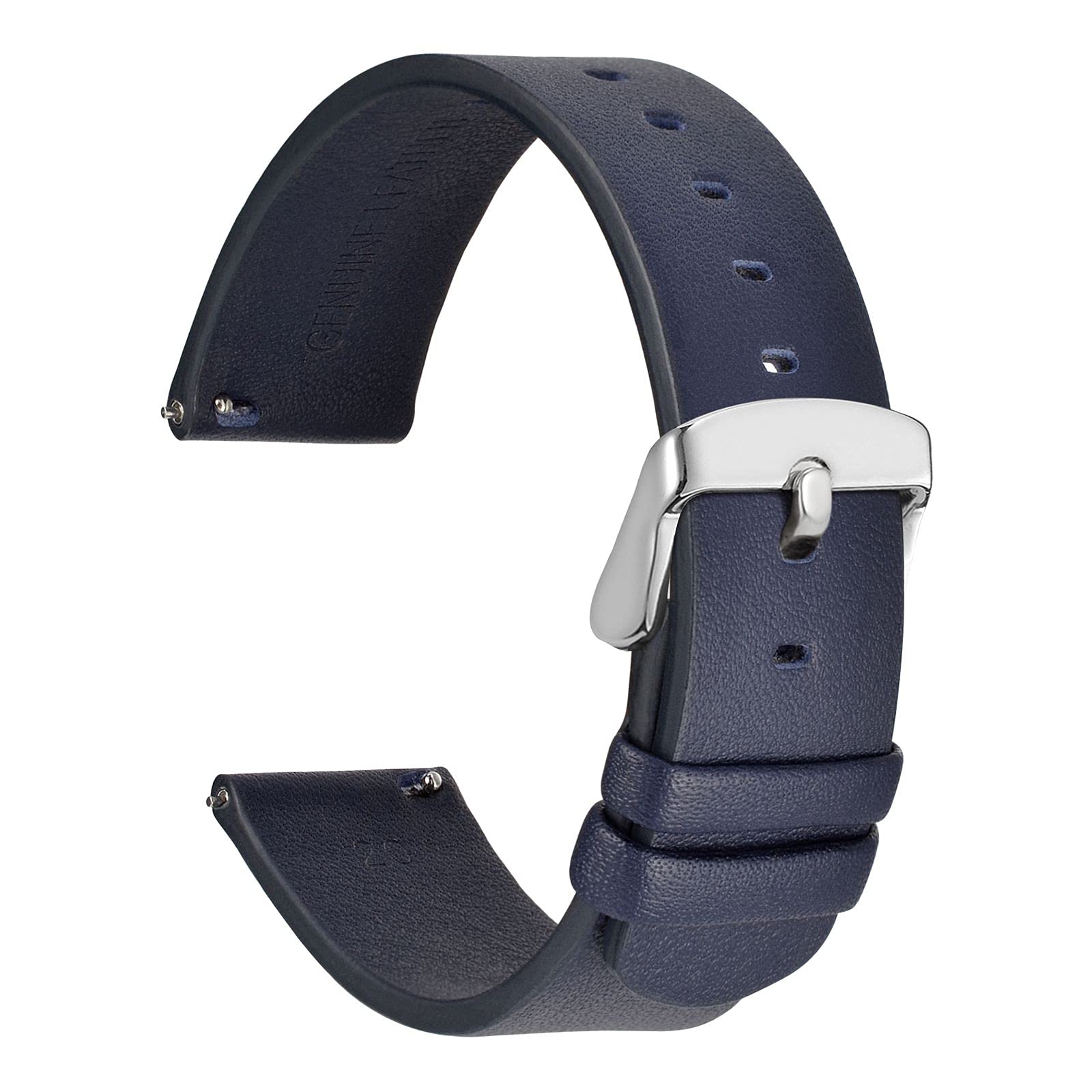 WOCCI 18mm Flexible Leather Watch Band for Smartwatch with Silver Buckle - Navy Blue Replacement Strap for Samsung Galaxy Watch, Fitbit & Wear OS - Perfect for Work, Gym & Casual Wear