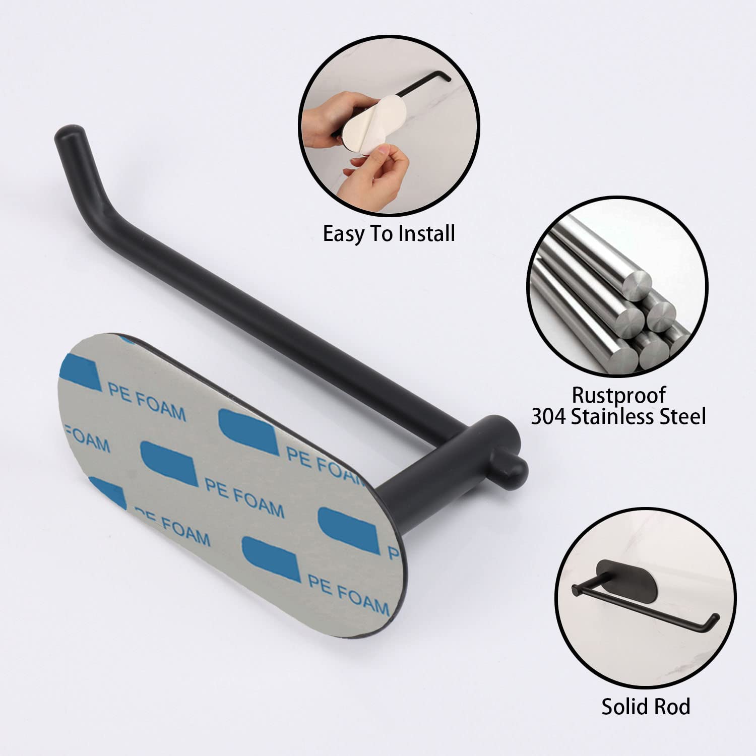 TocTen Self-Adhesive Toilet Paper Holder - No Drill Stainless Steel Bathroom Tissue Roll Mount - Easy Install Matte Black Paper Holder for Home, Office, Kitchen | Space-Saving & Modern Bathroom Organization