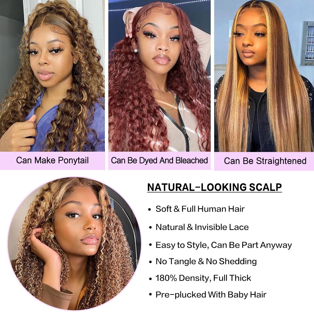 13x4 Highlight Ombre Deep Wave Lace Front Wig - 100% Human Hair - Honey Blonde HD Transparent Lace - Pre Plucked with Baby Hair - 180% Density - 26 Inch - Perfect for Daily Wear, Parties & Special Occasions