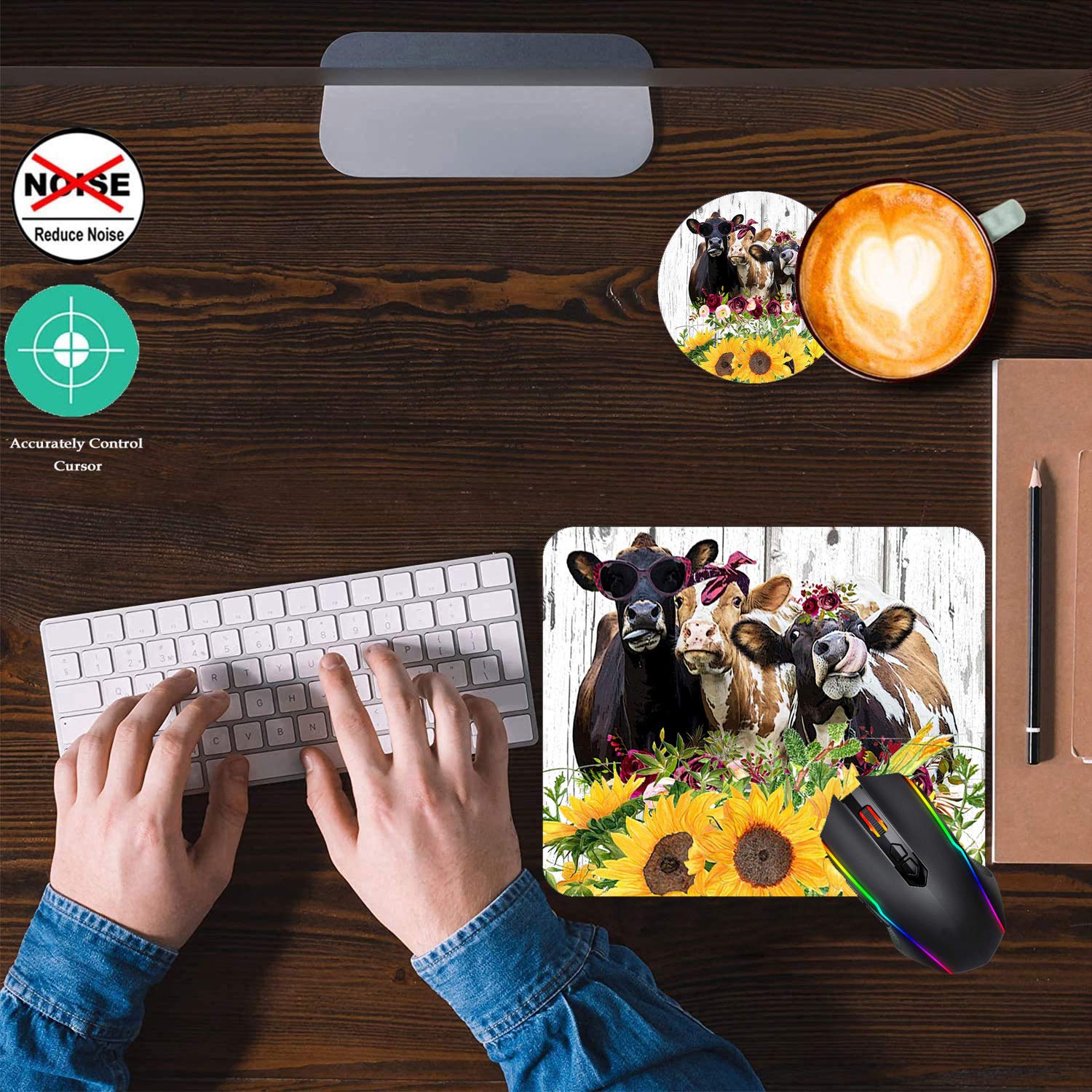 Premium Gaming Mouse Pad & Coasters Set - Rustic Wooden Planks Texture with Sunflower Cow Design, Non-Slip Rubber Base, Large Rectangle Mouse Mat for Office Work & PC Gaming - Perfect for Home Office Setup & Computer Workstations