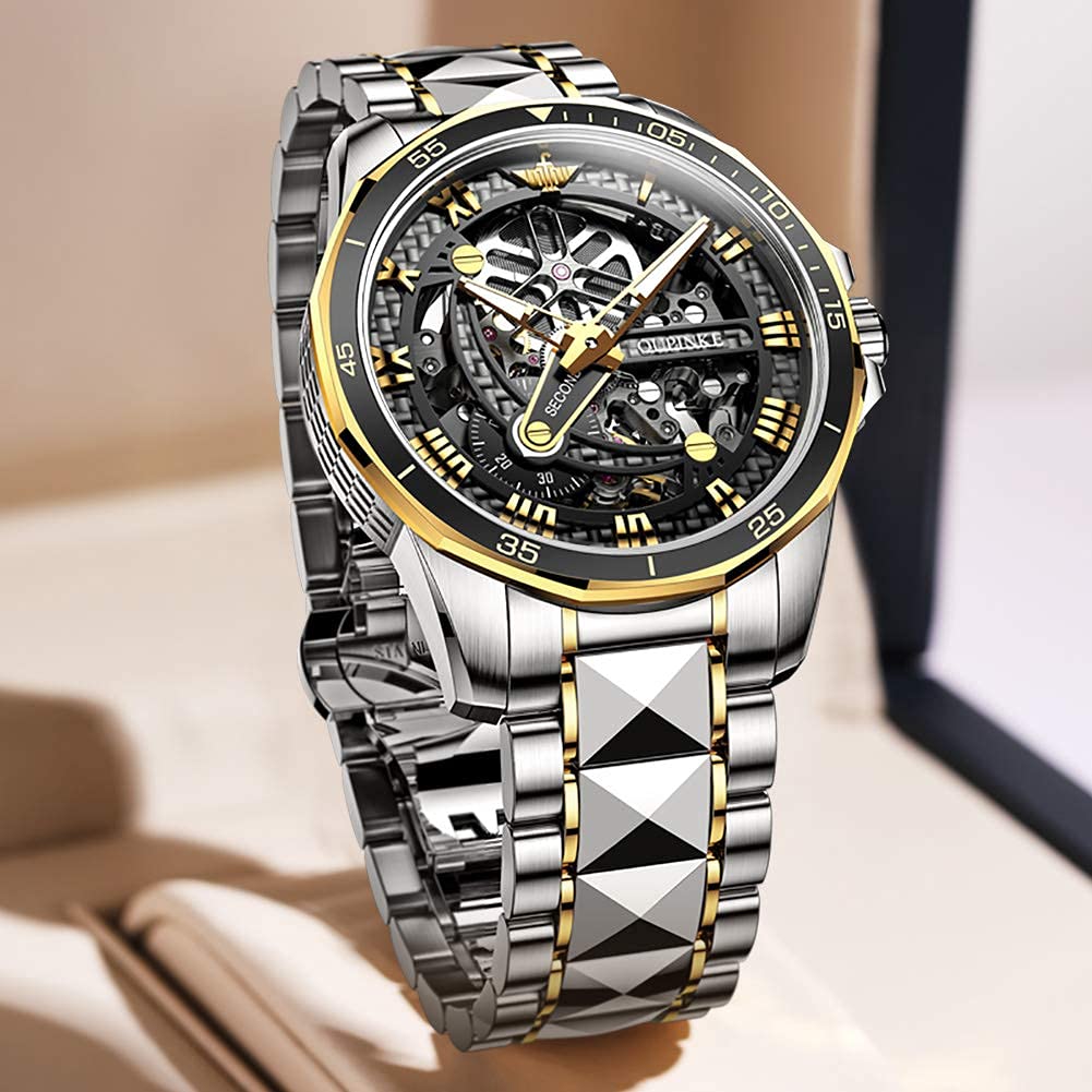 OLEVS Automatic Skeleton Men's Luxury Watch - Mechanical Self-Winding Sapphire Crystal Tungsten Steel Wristwatch - 50M Waterproof & Luminous - No Battery Needed - Perfect for Business, Formal Events & Everyday Wear