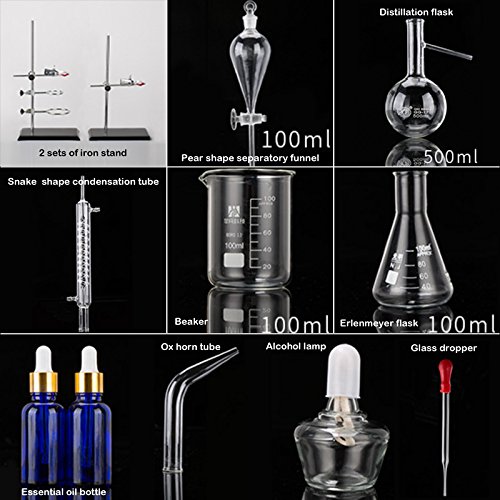 500ml 44pcs Essential Oil Distillation Kit - Glass Labware Extraction Apparatus for Hydrosol, Moonshine & Alcohol | Perfect for Home Distilling, Aromatherapy & DIY Essential Oils