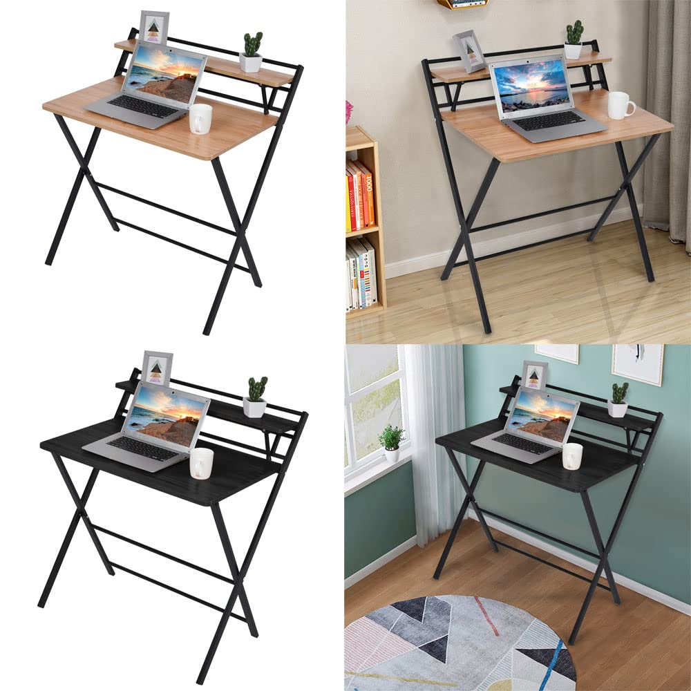 Foldable Computer Desk No Assembly Required - 2-Tier Small Writing Desk with Storage Shelf, Space Saving Home Office Furniture for Small Spaces in Black & Khaki | Perfect for Dorm Rooms, Apartments & Home Offices
