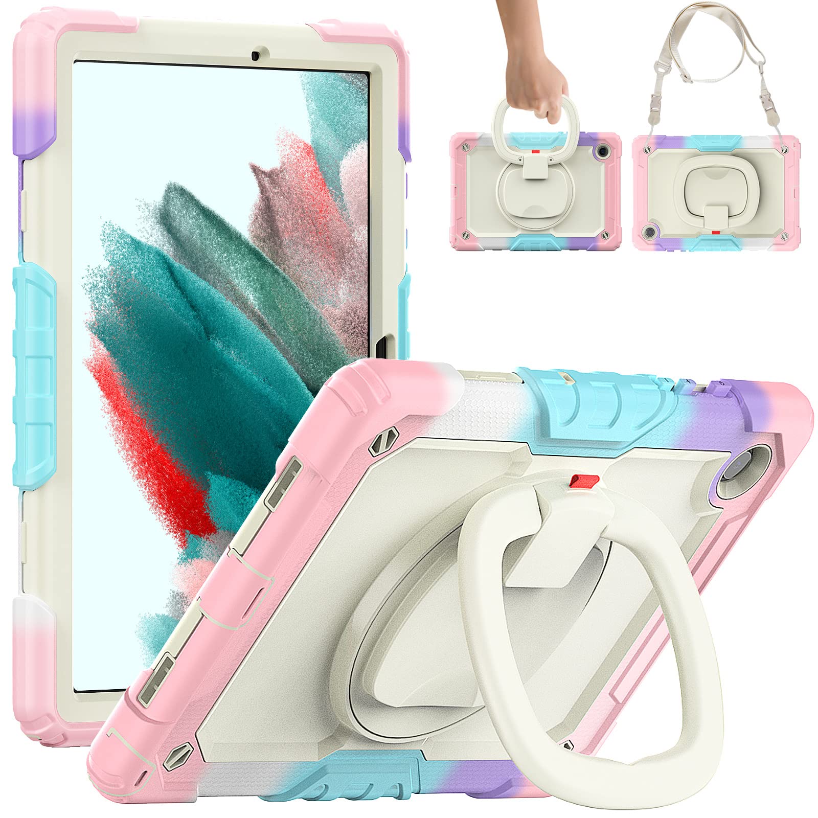 Vetvon 360° Rotating Stand Case for Samsung Galaxy Tab A8 10.5 (SM-X200/X205/X207) - Heavy Duty Protective Cover with Pencil Holder & Adjustable Shoulder Strap - Pink | Perfect for Work, Travel, and Home Use
