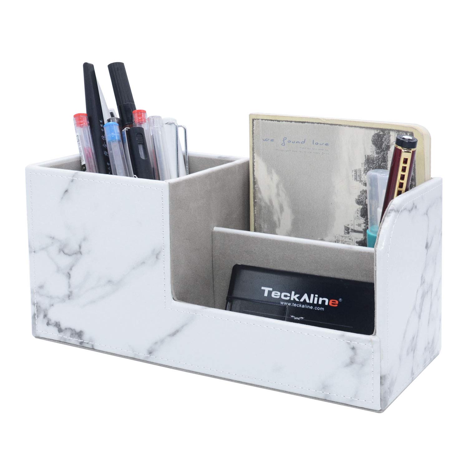 Marble PU Leather Desk Organizer - Pencil & Pen Holder for Office, Home, School | Perfect for Art Supplies, Cell Phone, Glasses, Name Cards, Remote Control | Stylish Desk Accessory for Work & Study Spaces